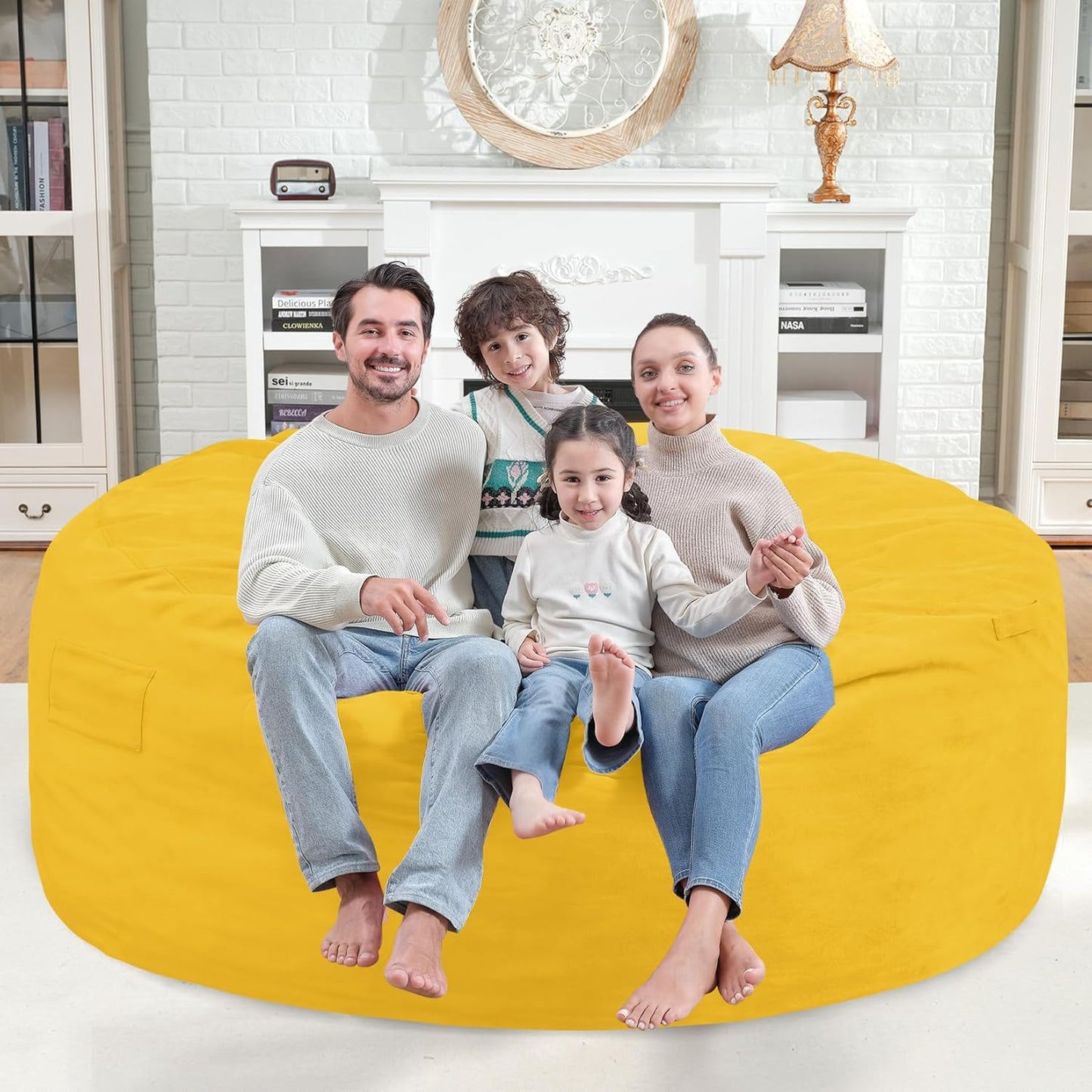 6FT Bean Bag Chair, Large Bean Bag Chairs with Memory Foam Filled, Fluffy Beanbag Sofa with Dutch Velvet Cover, Round BeanBag Chairs for Living Room, Playroom - Lemon