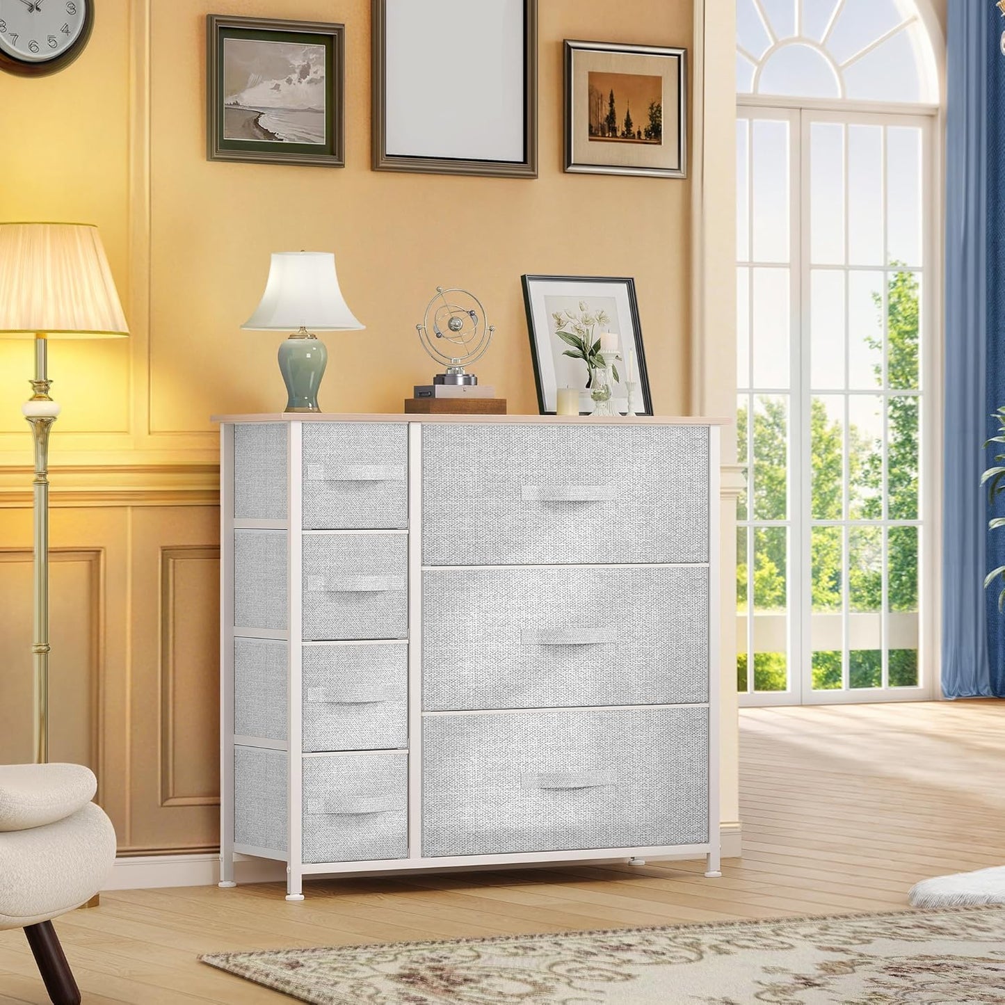 DWVO Dresser for Bedroom, 7 Drawers Fabric Dresser, Organizer Unit for Living Room, Hallway, Closets - Sturdy Steel Frame, Wooden Top & Easy Pull Fabric Bins, Light Gray