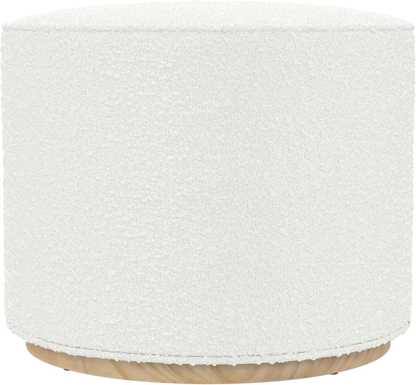 Bouclé Ottoman with Wooden Base – 22” Round Upholstered Footrest, Cream Textural Fabric, Modern Accent Stool for Living Room & Bedroom