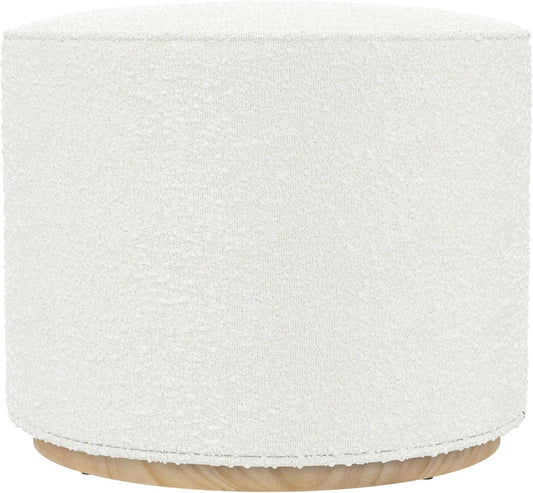 Bouclé Ottoman with Wooden Base – 22” Round Upholstered Footrest, Cream Textural Fabric, Modern Accent Stool for Living Room & Bedroom
