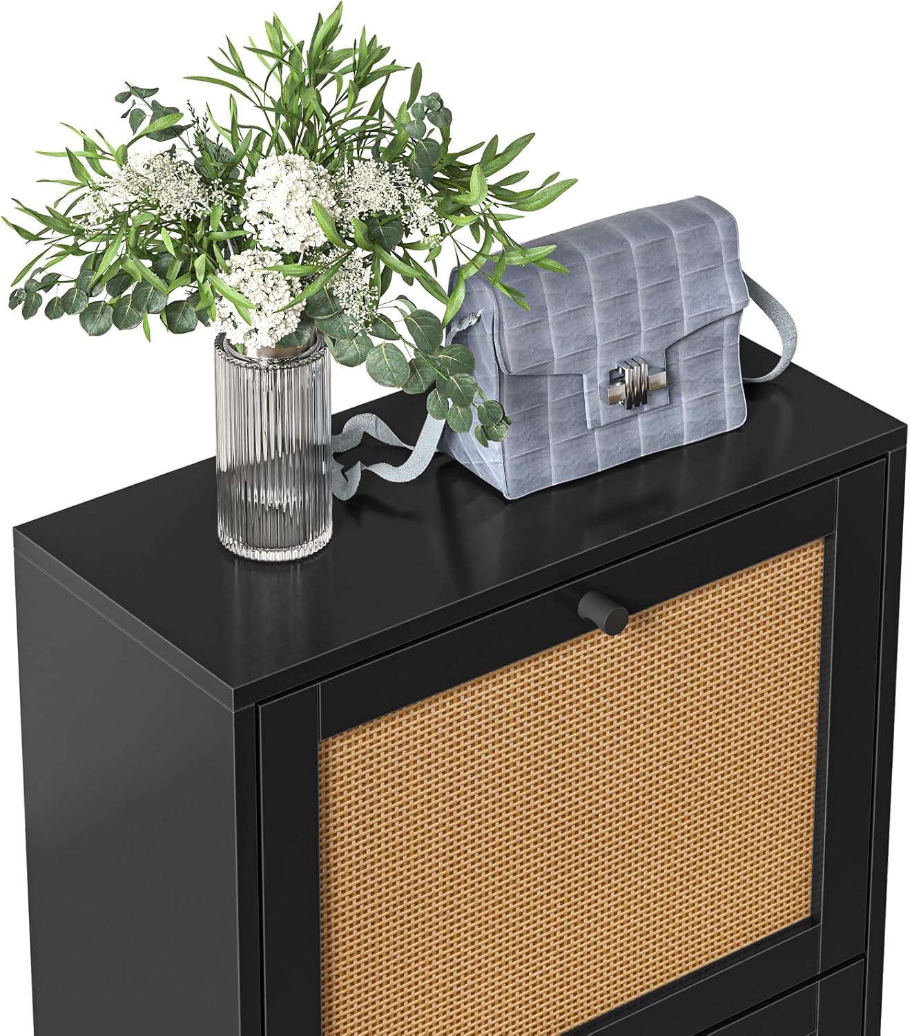 Rattan Shoe Cabinet 3-Tier, Narrow Shoe Cabinet with 3 Flip Drawers and Adjustable Shelves,Entryway Black Shoe Organizer with Removable Shelves for Hallway, Entrance