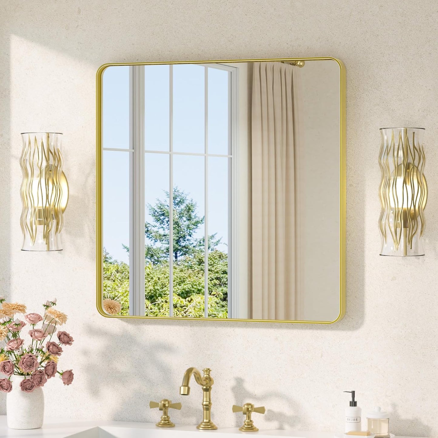 TETOTE Brushed Gold Bathroom Mirror 30 x 30 Gold Metal Framed Bathroom Mirror, Tempered Glass, Modern Farmhouse Wall Mounted Mirror for Decorative(Horizontal/Vertical)