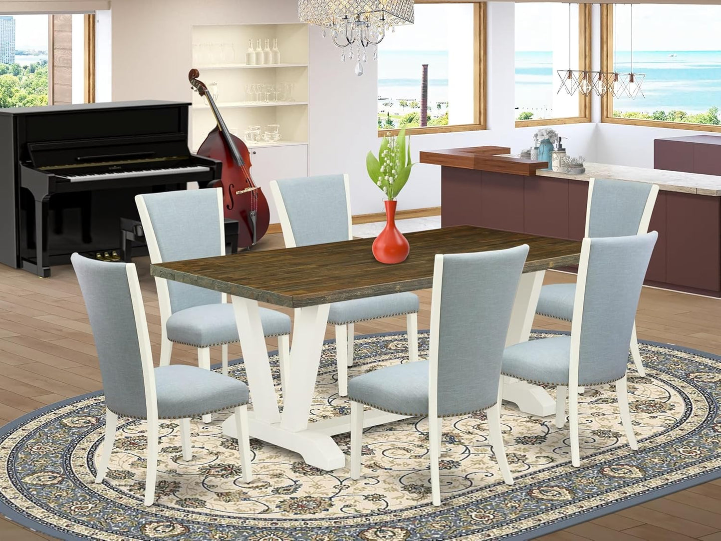 East West Furniture V077VE215-7 7 Piece Dining Table Set Consist of a Rectangle Wooden Table with V-Legs and 6 Baby Blue Linen Fabric Parson Dining Room Chairs, 40x72 Inch, Multi-Color