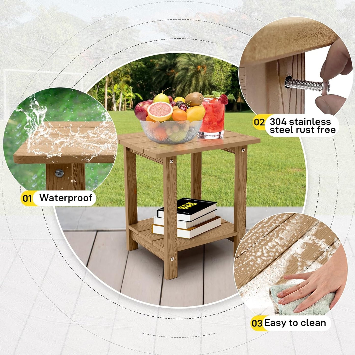 Melucivi Weather Resistant Outdoor Side Table, Double Small Adirondack Side Table for Adirondack Chair - Indoor Outdoor End Table, Patio Table for Pool, Deck and Porch (Brown)