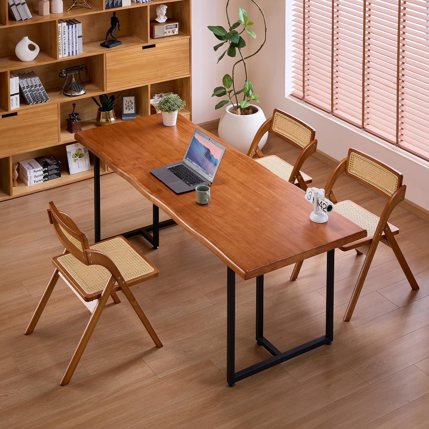 Solid Wood Administrative Desk, Dining Table with Durable Metal Legs, Uniquely Designed Leisure Table, Perfect for Restaurants and Home Offices, (Wood Brown, 78.74in)