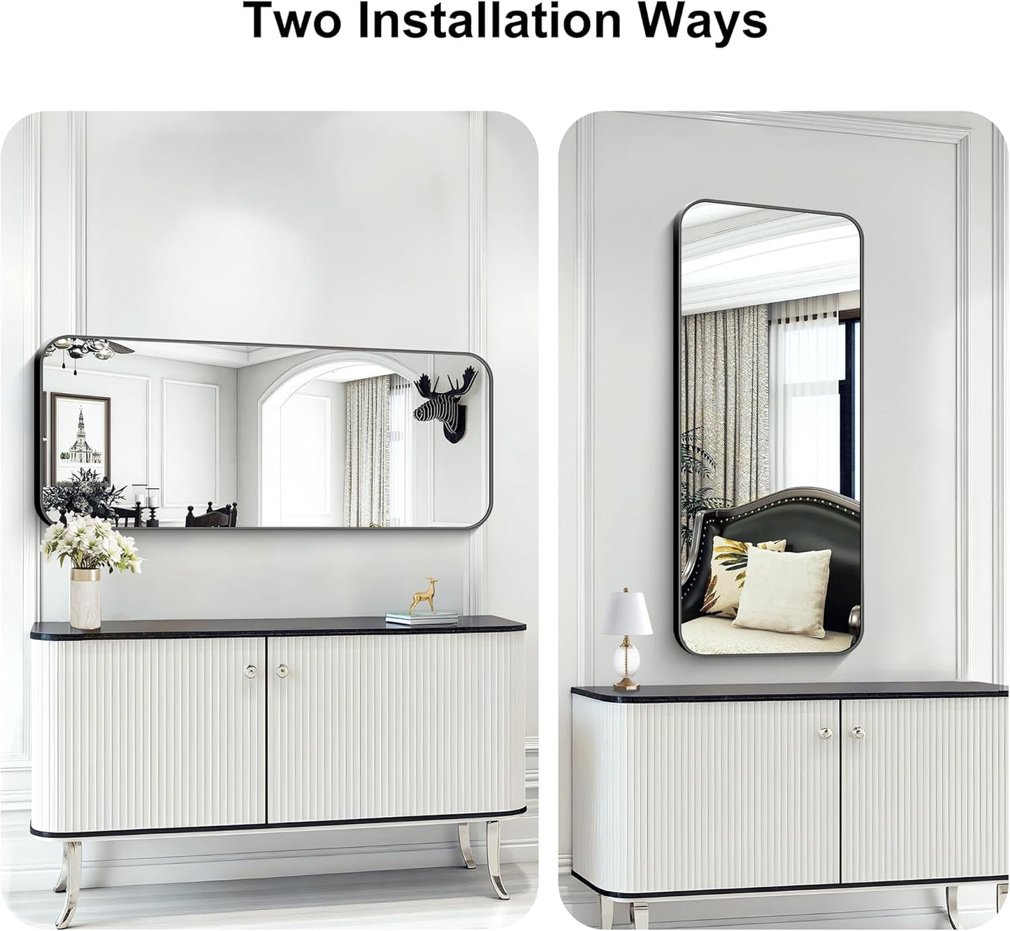 KOCUUY Black Rectangle Mirror, 20" x 48" Metal Frame Mirror with Rounded Corner, Classic Design of Upgraded Shatterproof Glass for Bathroom, Bedroom, Living Room, Entryway