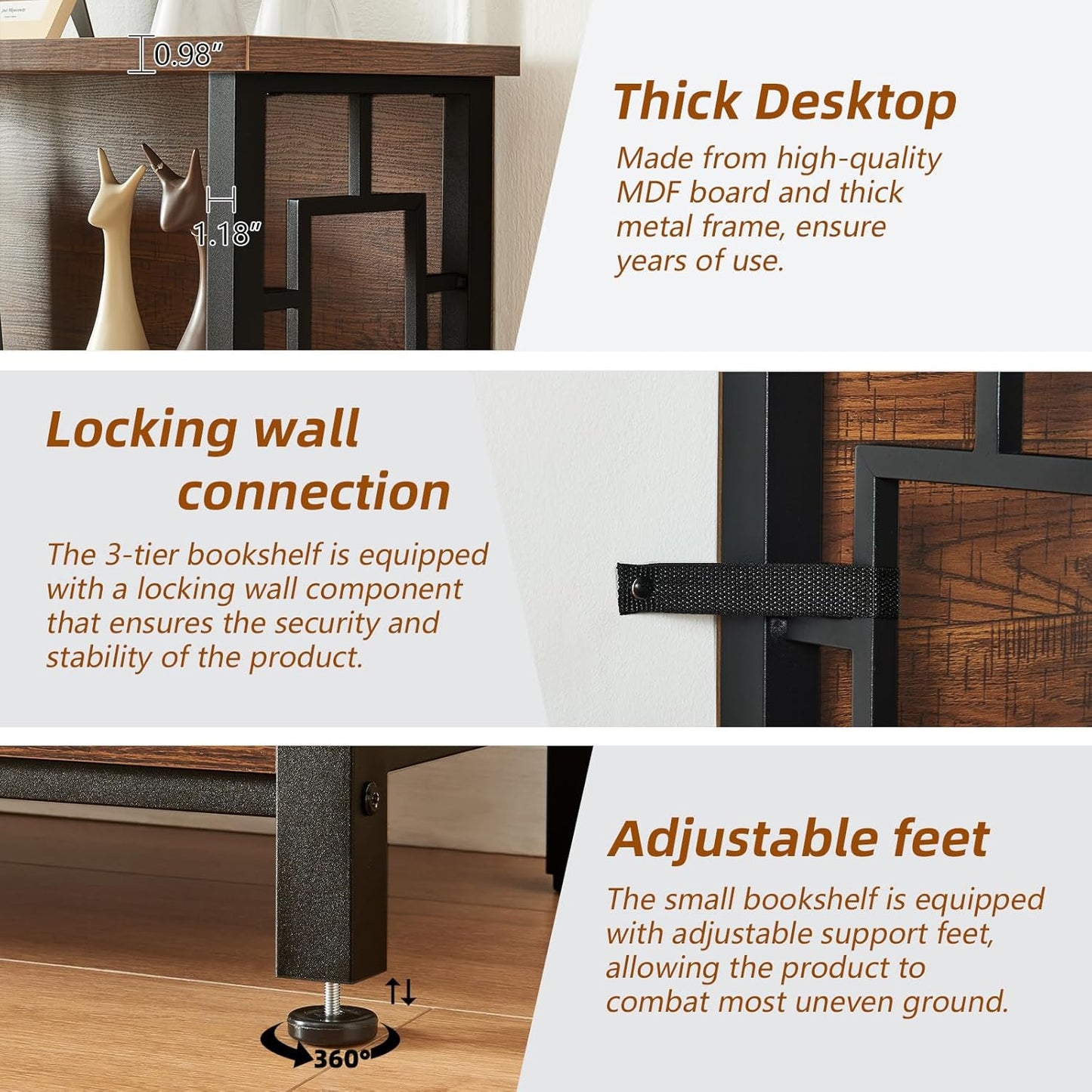 HOMISSUE Book Shelf, 3 Tier Deep Bookshelf with Storage, Engineered Wood and Metal Shelf Bookcase, Low Short Bookcases for Small Space, Living Room, Bedroom, Office, Rustic Brown