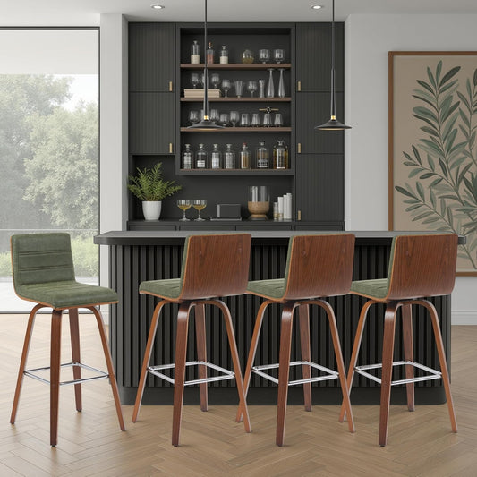 Vienna Modern Swivel Bar Height Stool with Vintage Green Upholstered Seat and Walnut Finished Wood Frame Set of 3
