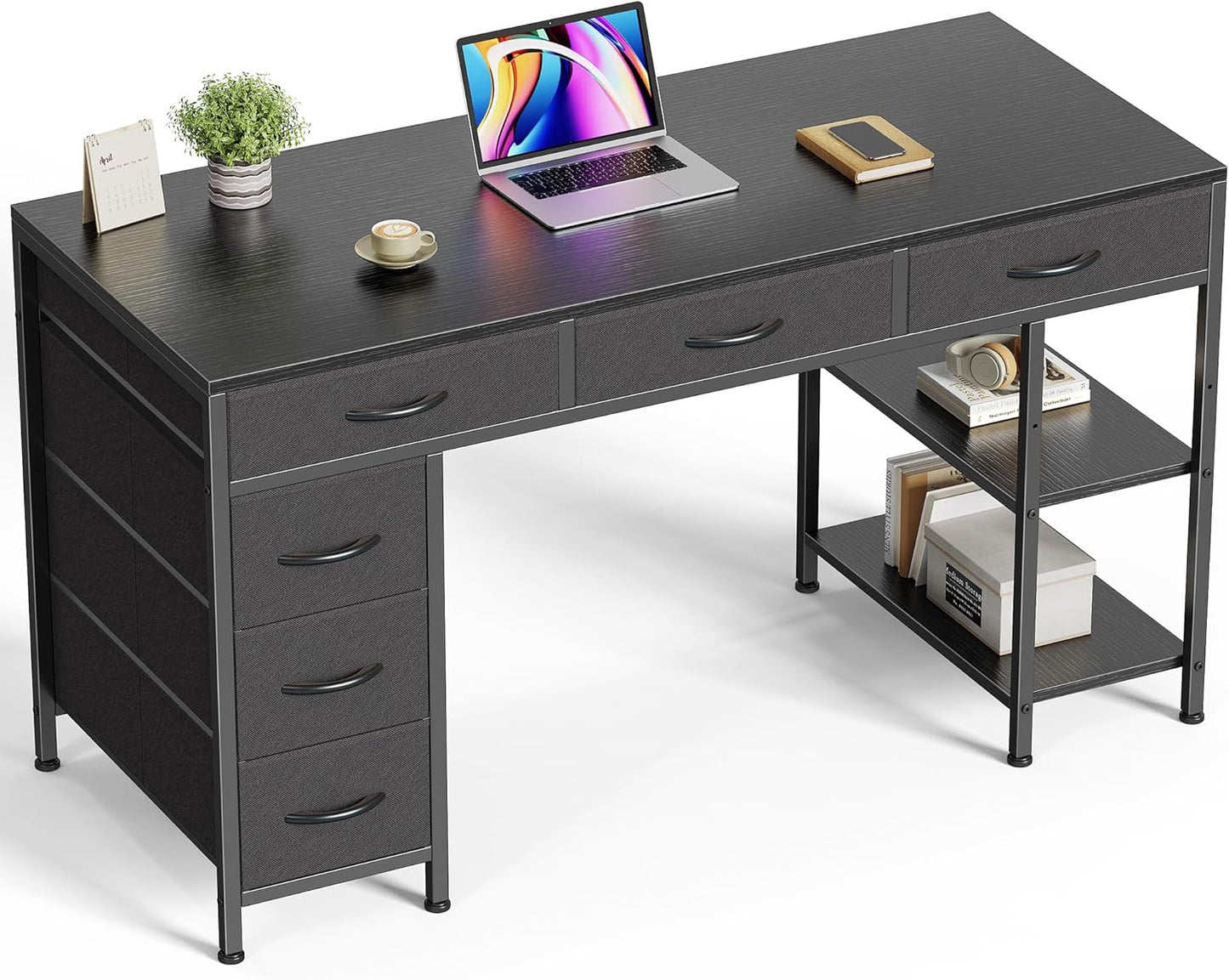 Huuger Computer Desk with 6 Drawers, 47 Inch Office Desk with Shelves, Reversible Gaming Desk, Corner Desk with Storage, Work Desk for Home Office, Study, Living Room, Black