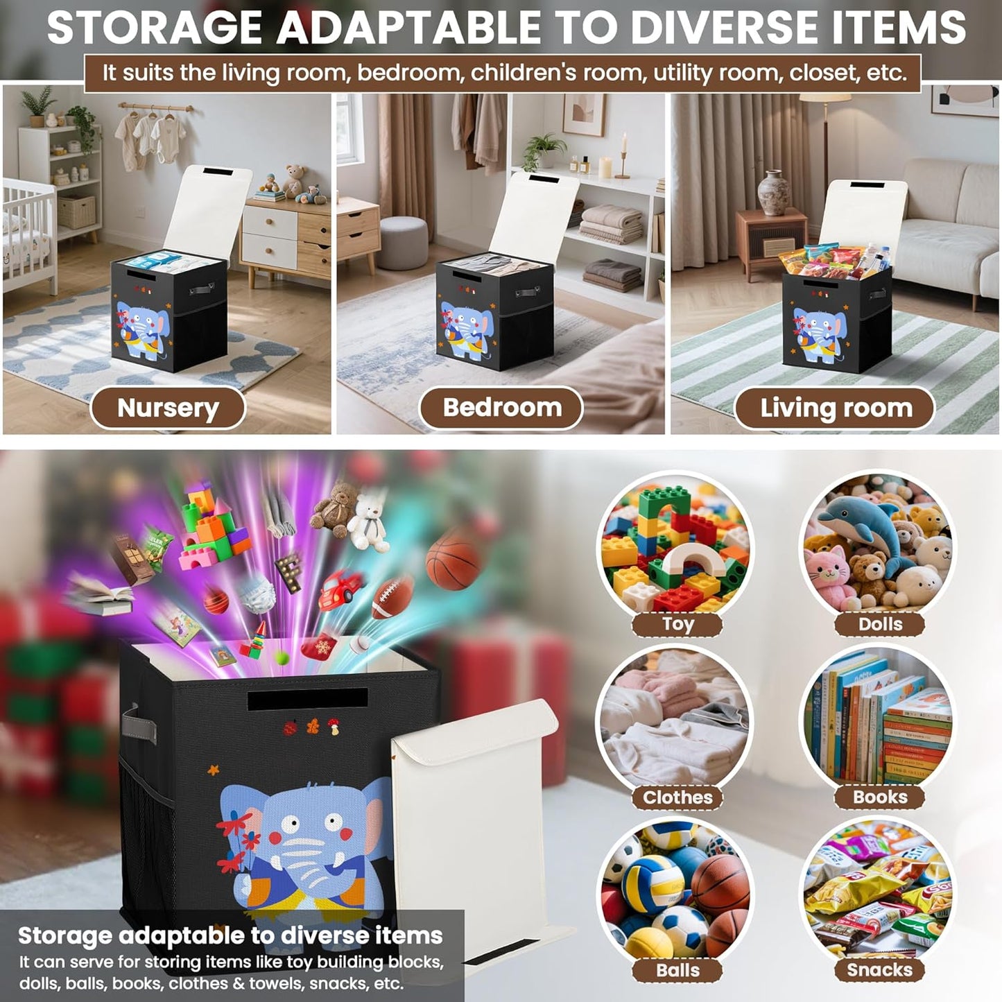 40L Large Toy Storage Box with Lid, Large Toy Box Chest for Kids, Girls and Boys, Nursery Room and Living Room, 13"x13" x16" (black-animal)