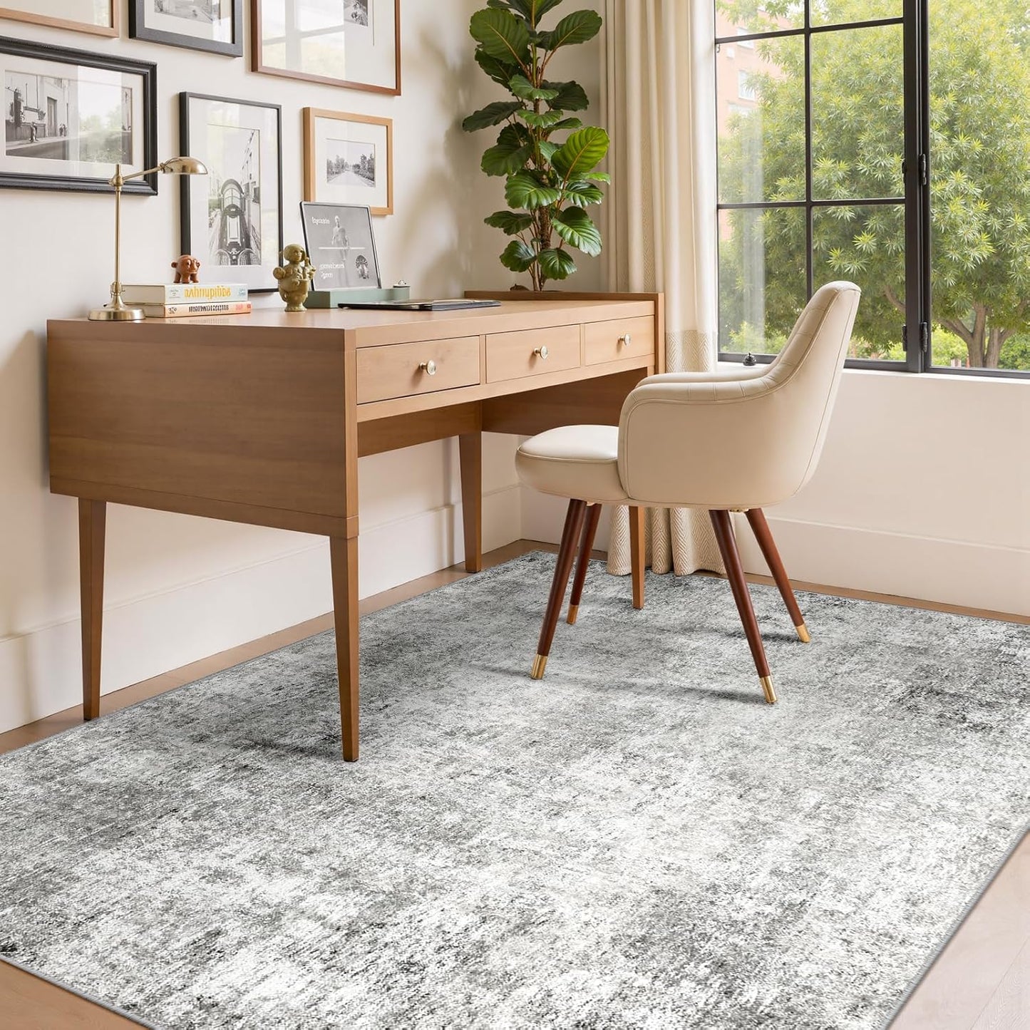 Washable Area Rugs 4'x6' Non-Slip Modern Abstract Soft for Living Room Entryway Bedroom Nursery, Print Pattern, Gray White Grey