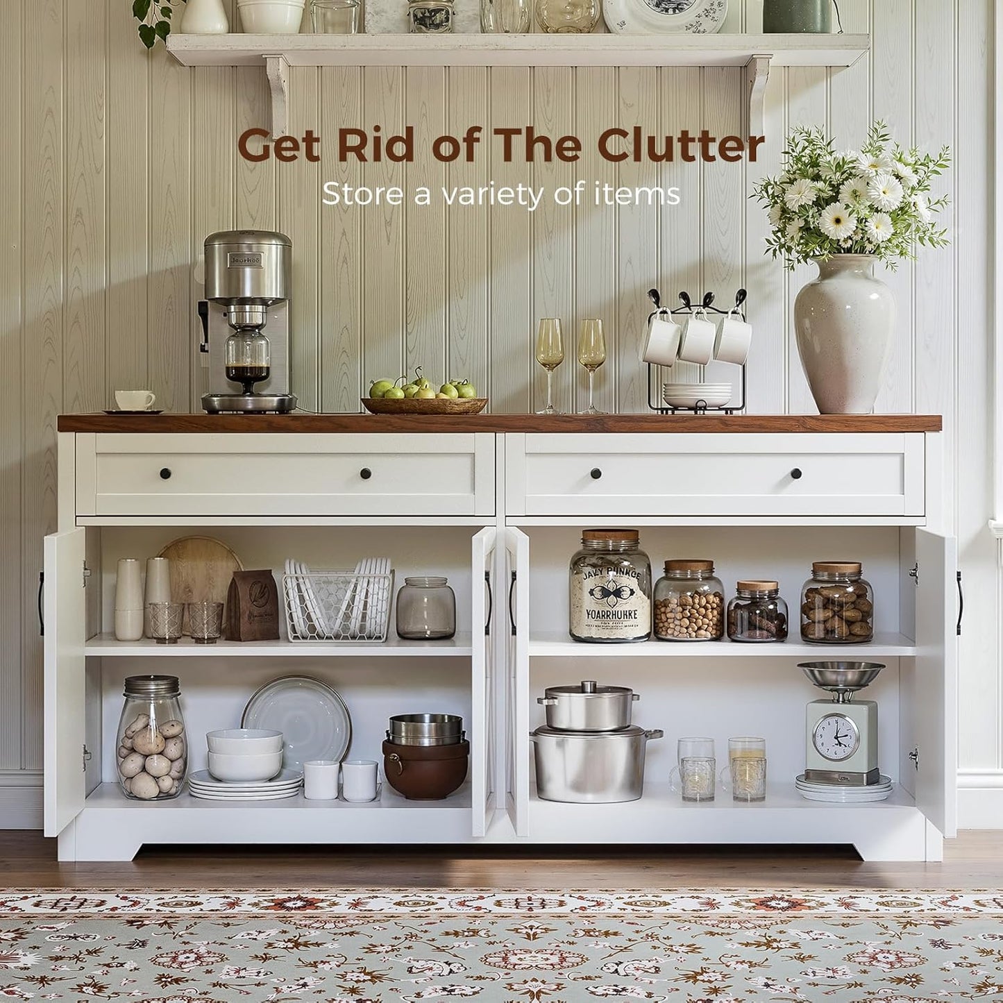 61'' Farmhouse Sideboard Buffet Cabinet with Storage, Large Kitchen Storage Cabinet with Barn Doors Drawers, Brown Coffee Bar Table for Dining Room Kitchen