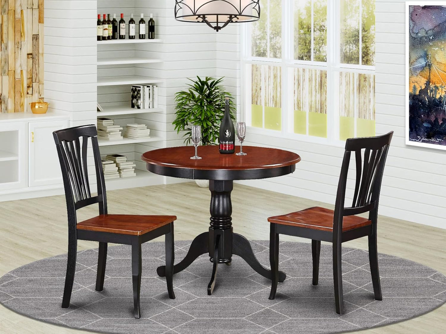 East West Furniture ANAV3-BLK-W 3 Piece Kitchen Table Set for Small Spaces Contains a Round Dining Table with Pedestal and 2 Dining Room Chairs, 36x36 Inch, Black & Cherry