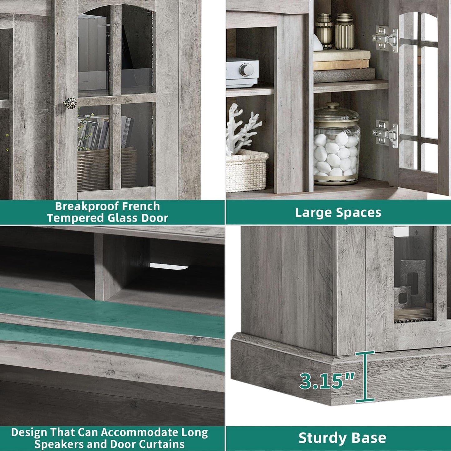 YITAHOME LED Farmhouse TV Stand for 65 Inch w/Outlets, Modern Entertainment Center with Glass Doors and Adjustable Storage Shelves, Media Console TV Cabinet for for Living Room, Grey