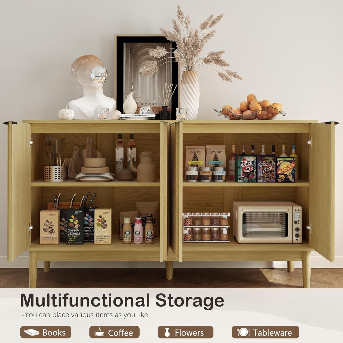 Buffet Cabinet with Storage, Sideboard Cabinet with Fluted Door, Kitchen Buffet Storage Cabinets with Adjustable Shelves, Sideboard Cabinets for Living Room, Entry, Hallway, Natural