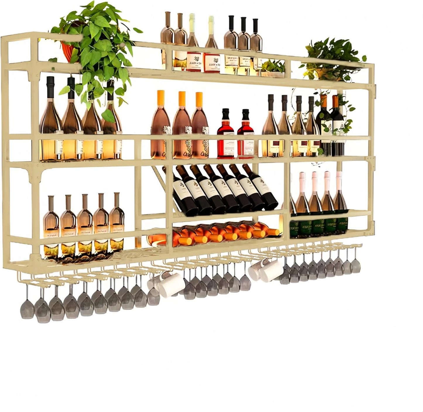 Metal Wall-Mounted Wine Rack with LED Light - 3 Tier Wine Storage Display Rack with Glass Holder - Space-Saving Bottle Display Shelf for Home Bars, Dining Rooms(Gold, 47in/120cm)