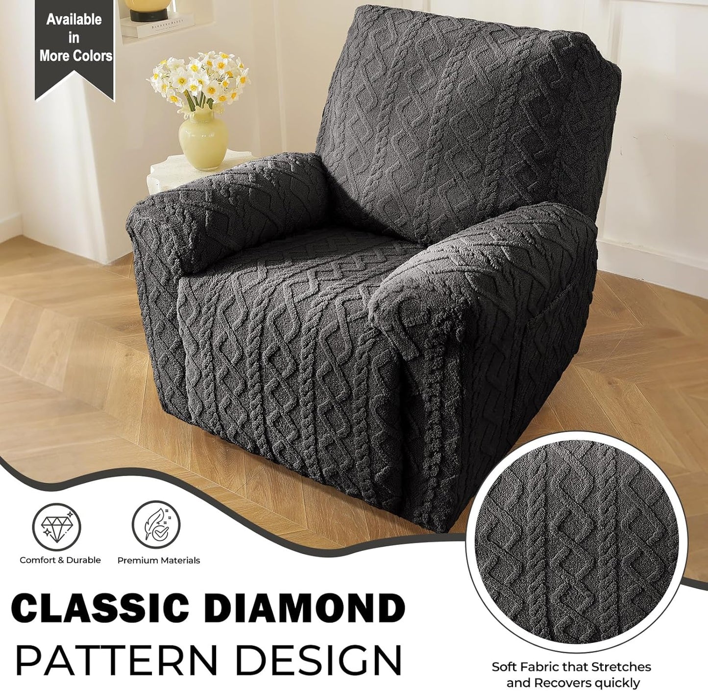 vctops 4 Pieces Geometric Jacquard Plush Recliner Slipcovers Soft Fuzzy Fluffy Sofa Couch Cover Anti-Slip Furniture Protector with Elastic Bottom for Kids Cats Dogs(Dark Grey,1 Seat)