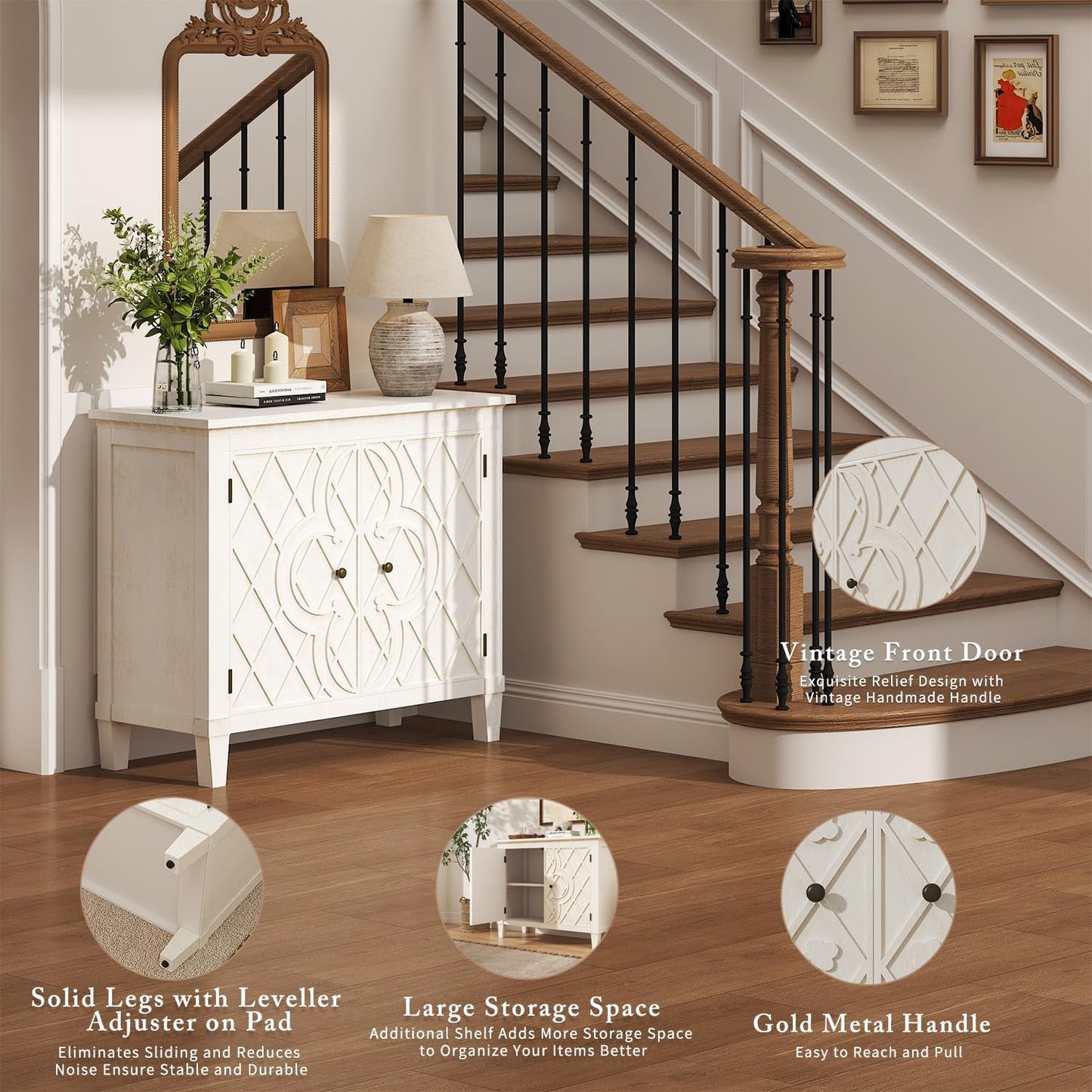 Karlott 40" Entryway Cabinet, Coffee Bar Cabinet with Shelf, Craft Storage Cabinet with Doors, Charming Carved Motif, Pantry Cabinet Sideboard Buffet for Living Room Kitchen Dining Room Hallway, White