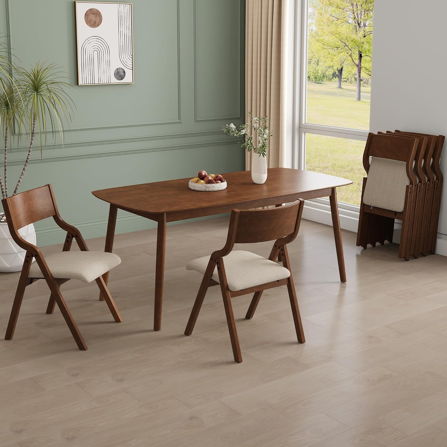 Folding Dining Chairs Set of 2, Upholstered Kitchen Chair with Padded Seat & Wood Backrest, Modern Side-Chair with Wood Legs for Home Office Living Room,No Assembly Needed,Walnut