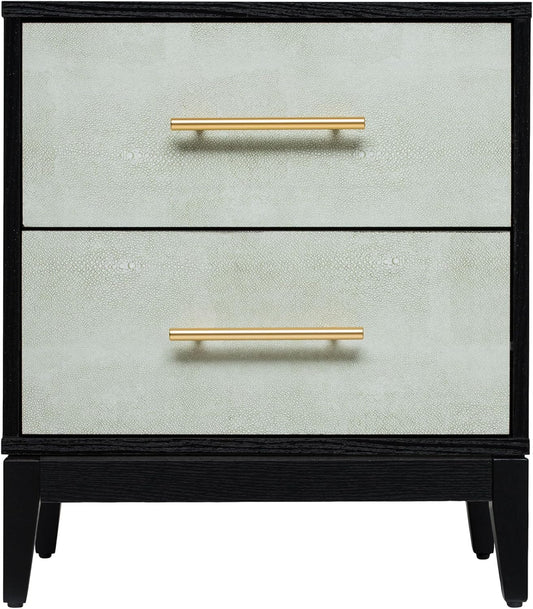 Sango Shagreen 2-Drawer Nightstand, Modern Black Bedside Table with Gray Faux Shagreen Drawer Fronts, Brass Handles, Sturdy Legs, Elegant Storage for Contemporary & Luxury Homes