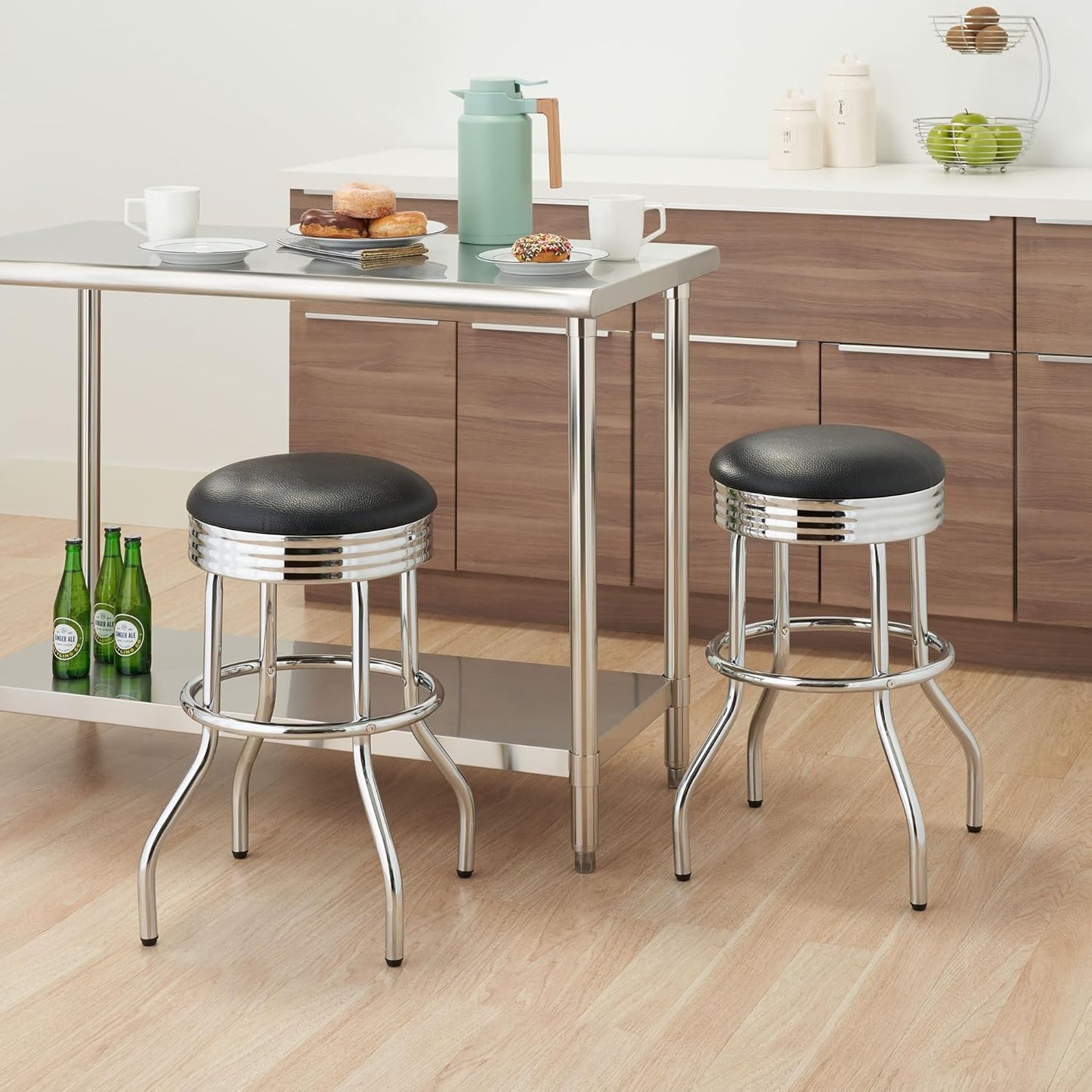 TRINITY Heavy Duty 25-Inch Backless Swivel Bar Stool for Kitchen, Garage, or Workshop, Chrome Finish with Faux Leather Seat, 2 Pack, Black