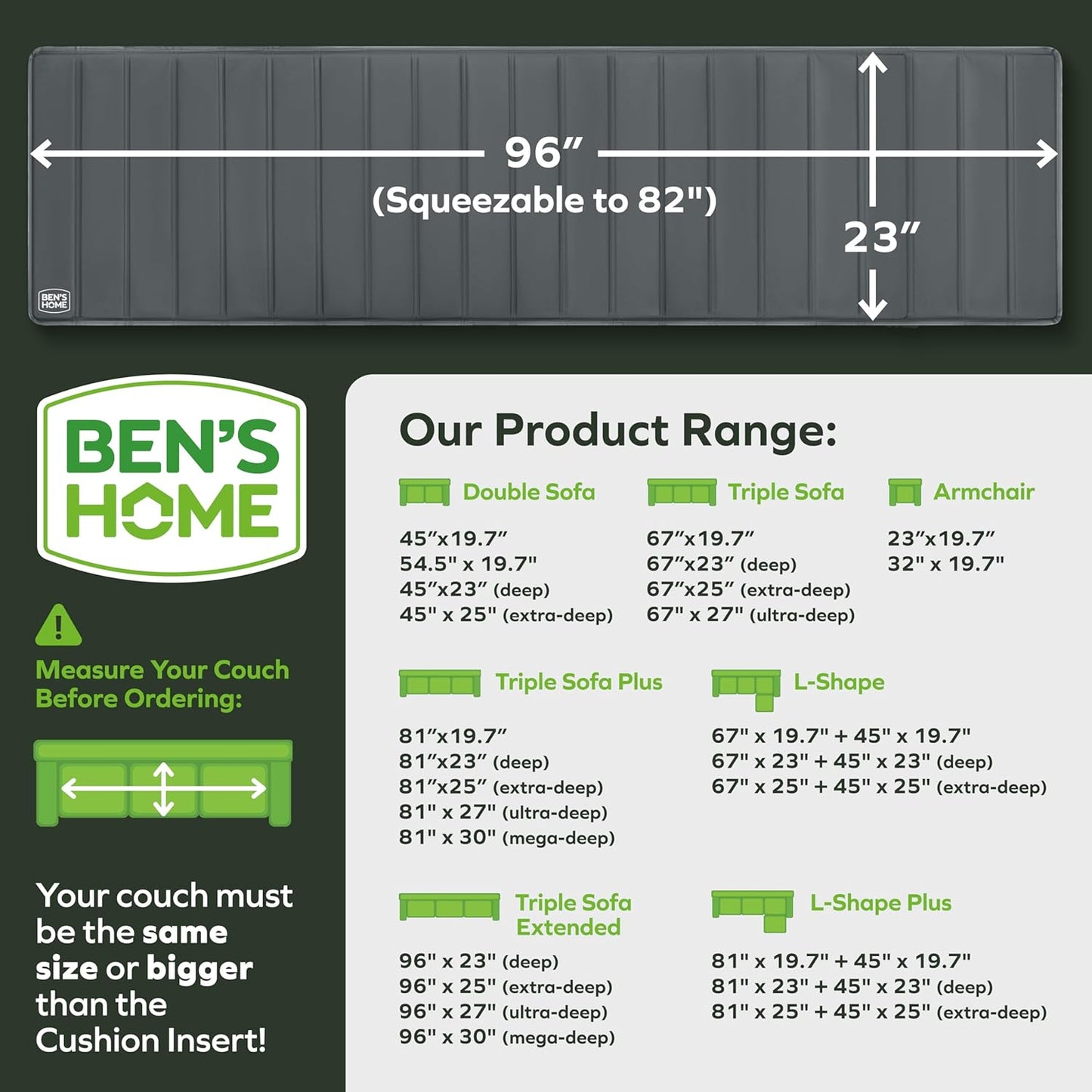 BEN'SHOME® Extra Large Couch Cushion Support for fix Sagging Seats - Heavy Duty Solid .5" Wood Sofa Support Board | 82"-96" x 23" Under Cushion Insert | Non-Slip | 400 LB Capacity