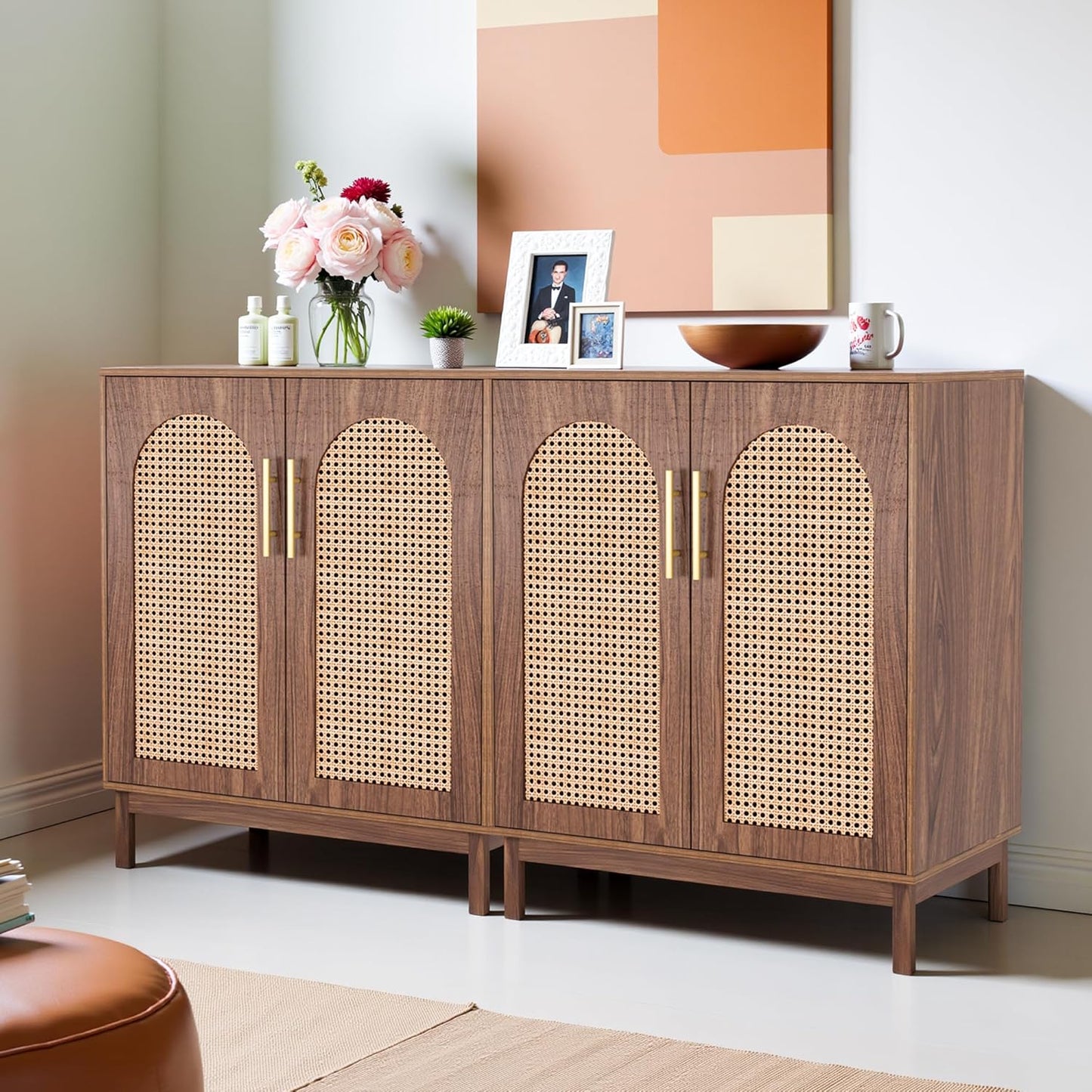 59" Sideboard Buffet Cabinet with Storage, Rattan Kitchen Buffet Storage Cabinet Set of 2, Modern Sideboard with Doors & Shelves for Living Room, Kitchen, Hallway, Dark Brown