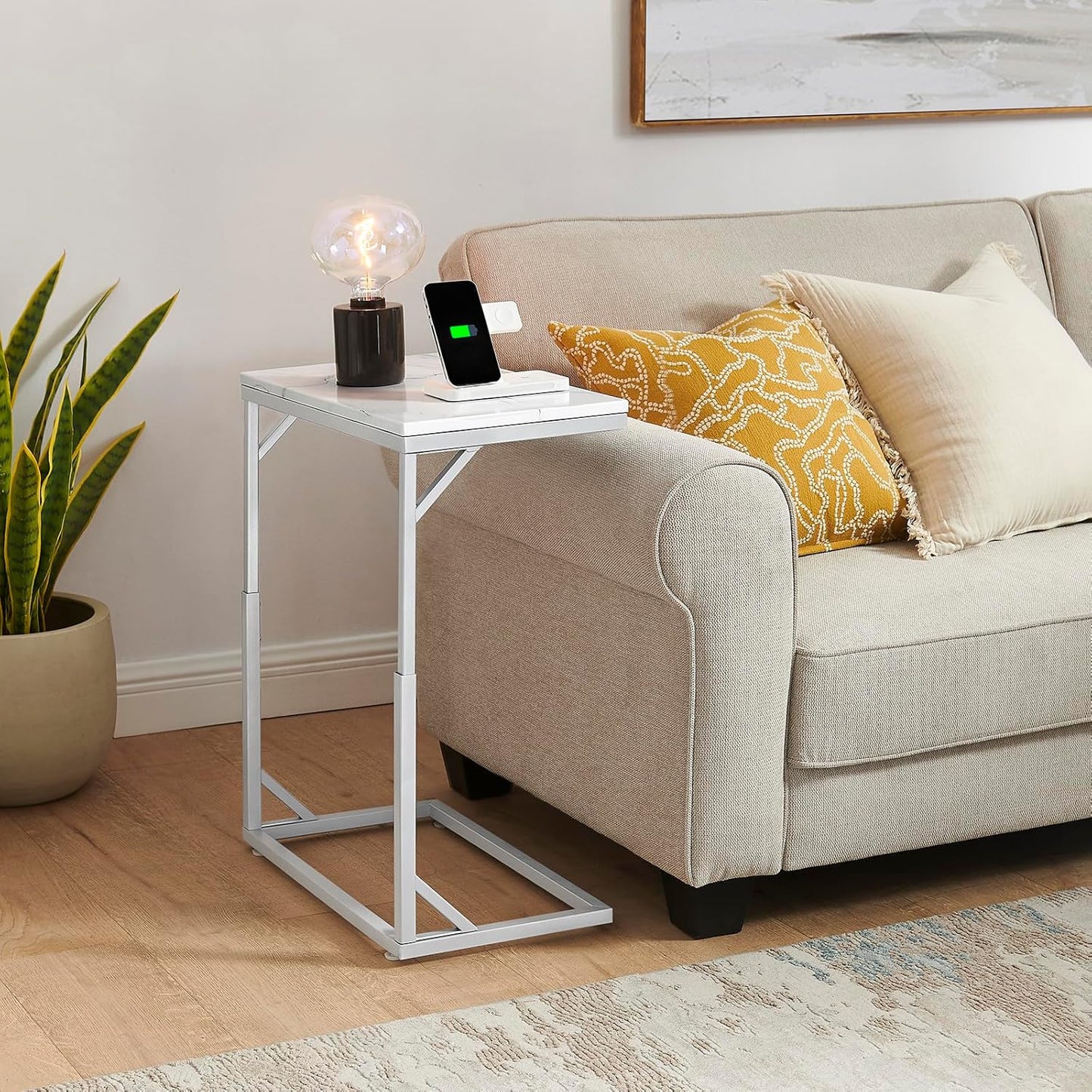 C-Shaped End Table, Small Sofa Table with Metal Frame, Adjustable Height Side Table for Couch, Living Room, Bedroom, Bedside (Silver, Medium)