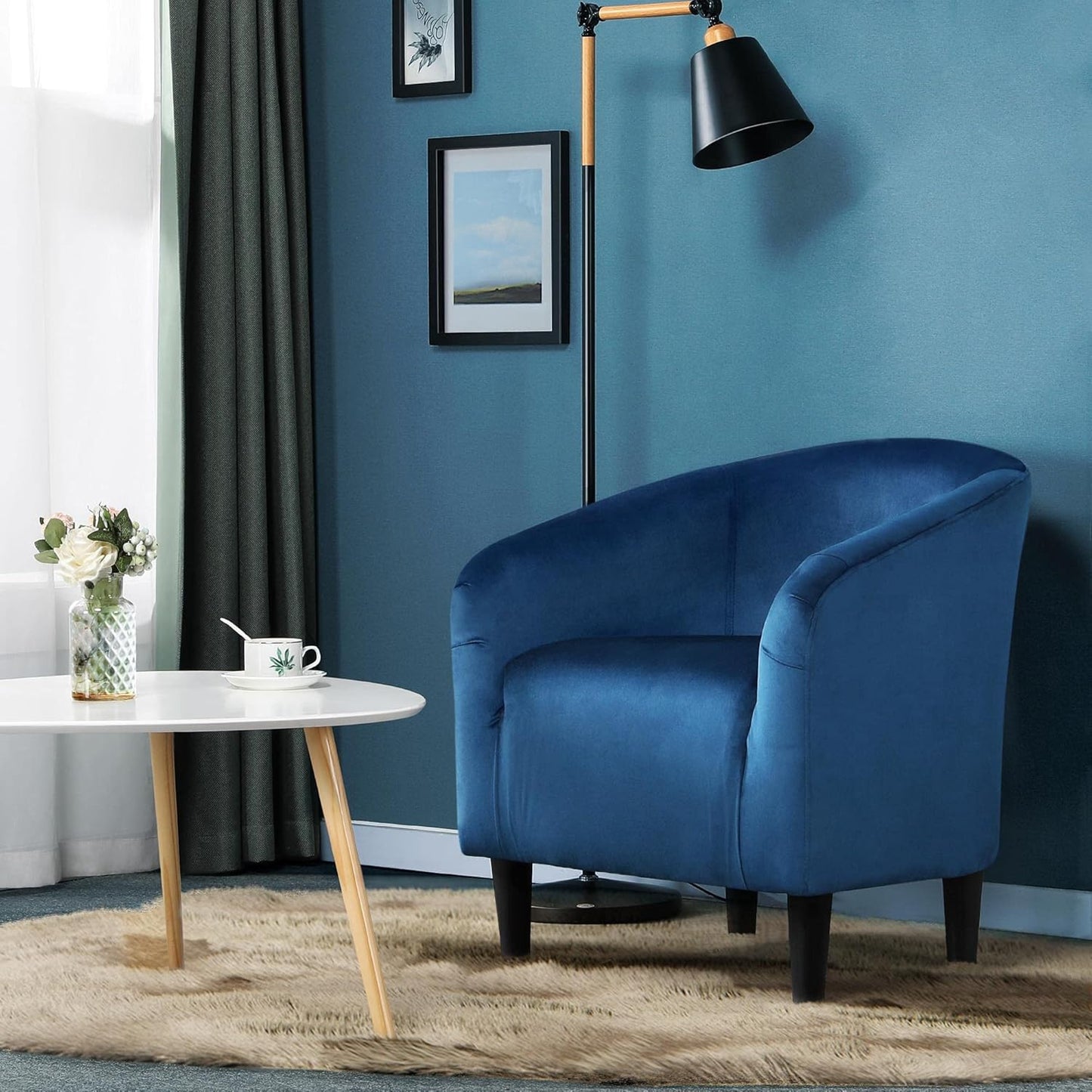 Yaheetech Club Chair, Velvet Accent Chair Upholstered Barrel Chair Sitting Chair with Armrest and Low Back for Living Room Bedroom, Pagoda Blue