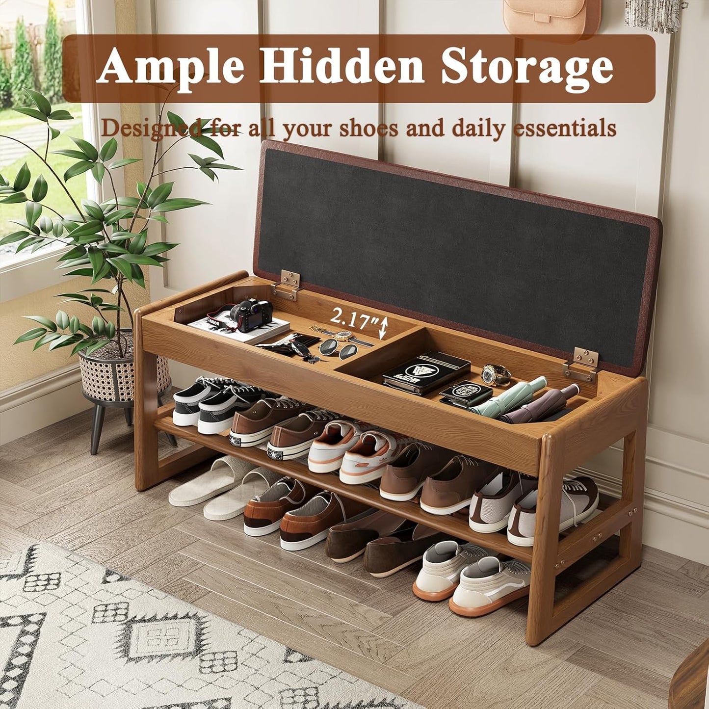 Shoe Rack Bench Seat Rubberwood 2-Tier Wooden Storage Bench 550lbs Compact Mid-Century Modern Design for Entryway, Hallway, Closet, Front Door Entrance, Foyer