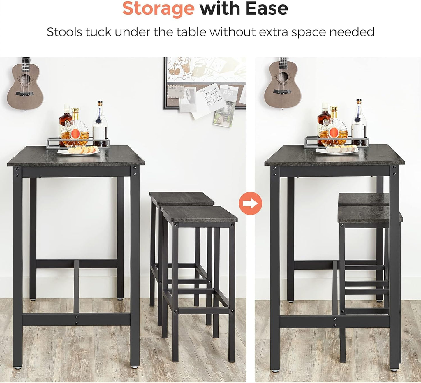 VASAGLE Bar Stools, Set of 2 Bar Chairs, Kitchen Breakfast Bar Stools with Footrest, Industrial in Living Room, Party Room, Charcoal Gray and Black ULBC065B04