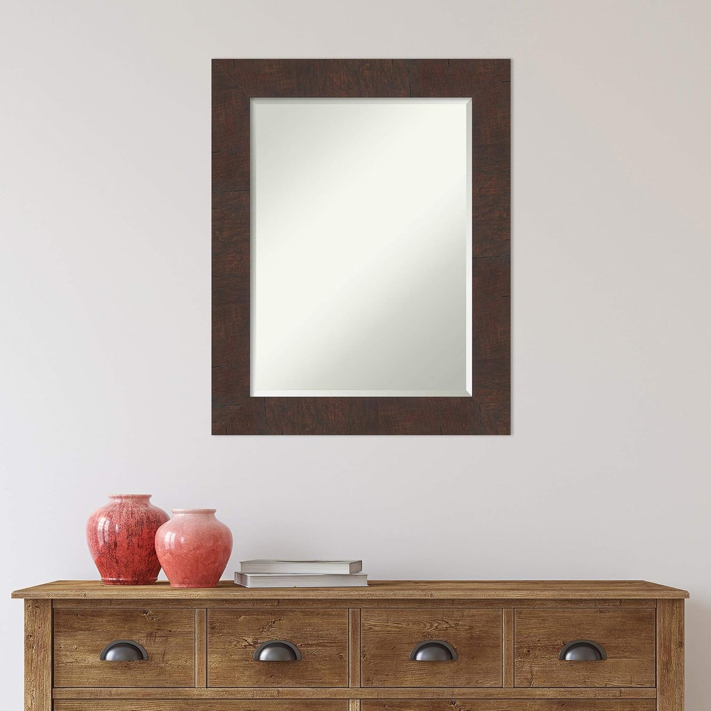 Amanti Art Brown Bathroom Mirror for Over Sink, 29x23 Wildwood Brown Rectangle Vanity Mirror, Medium Rustic Farmhouse Frame, Hangs Horizonally and Vertically, Bathroom Wall Decor, Beveled Edge