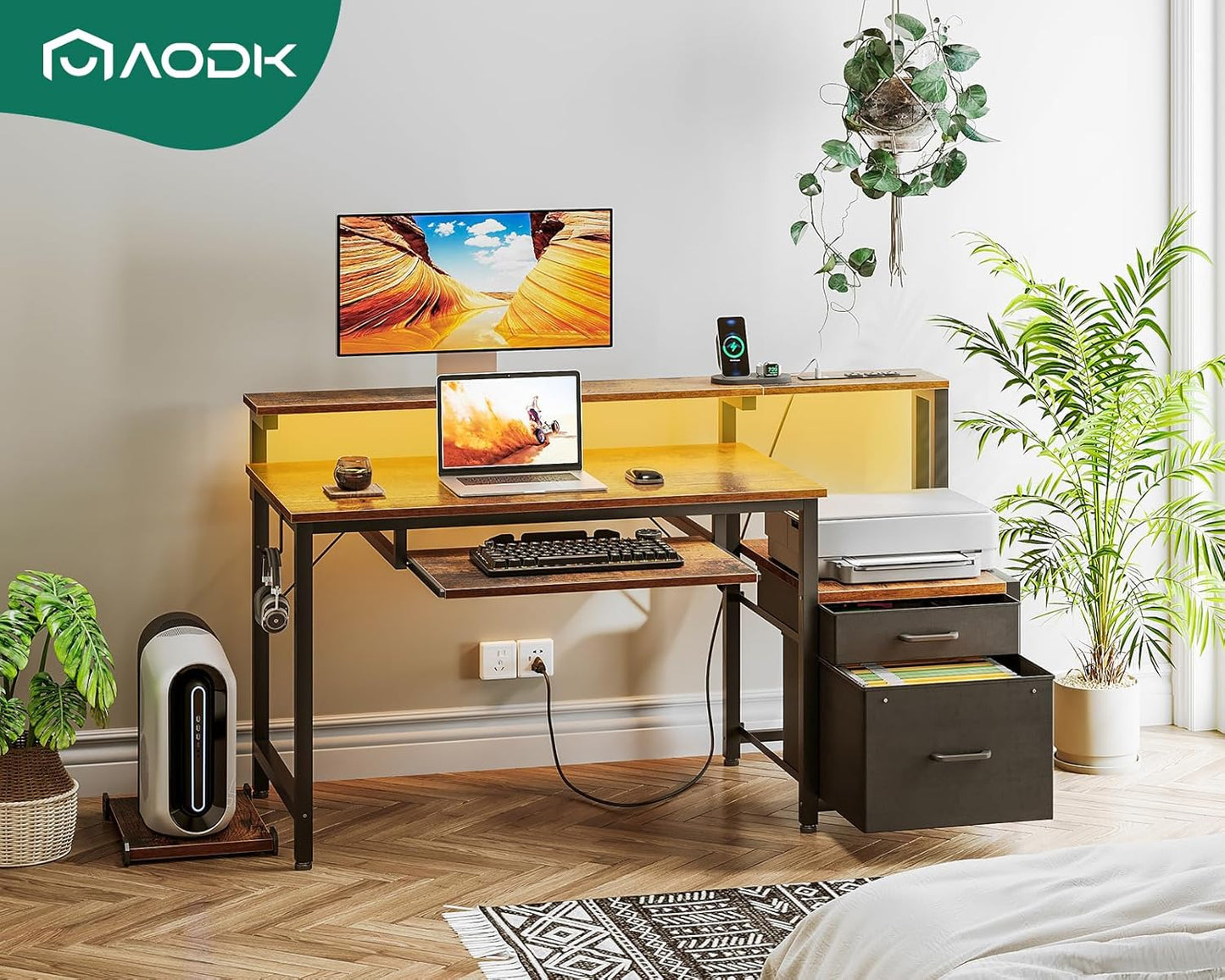 AODK Computer Desk with Drawers and Keyboard Tray, 48" Office Desk with Power Outlet and LED Lights, Reversible Study Work Desk with Printer Shelf and PC Stand for Home Office, Vintage