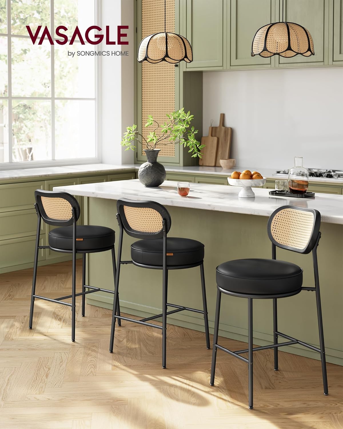 VASAGLE Bar Stools Set of 2, Bar Height Stools with Rattan Back and Metal Legs, 25.1-Inch Tall Counter Chairs, Modern Leather Upholstered Barstools for Kitchen Island Dining Room, Ink Black