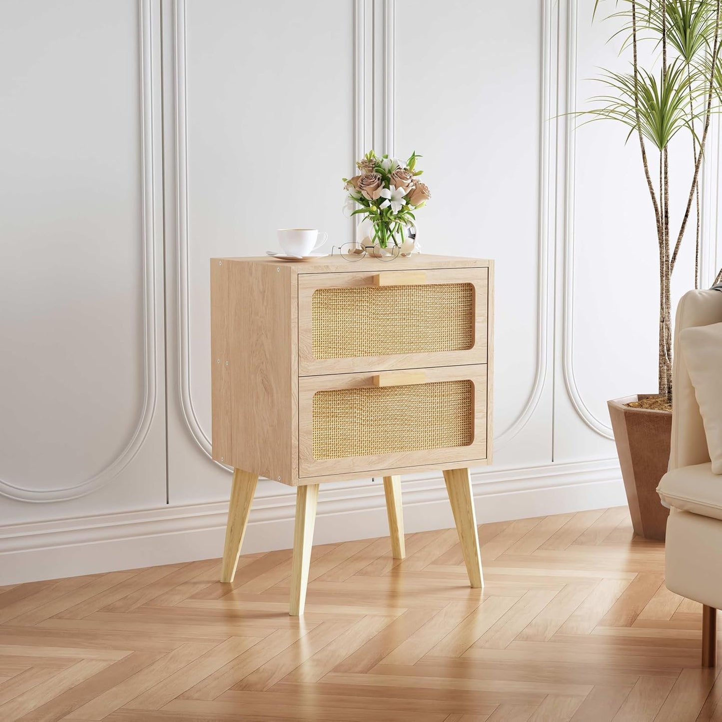Rattan Nightstand Set of 2,Side Table with Hand Made Rattan Decorated Drawers,Boho Bedside Table,Wood Accent Table with Storage for Small Space,Livingroom, Bedroom, Natural CTG59Y-2