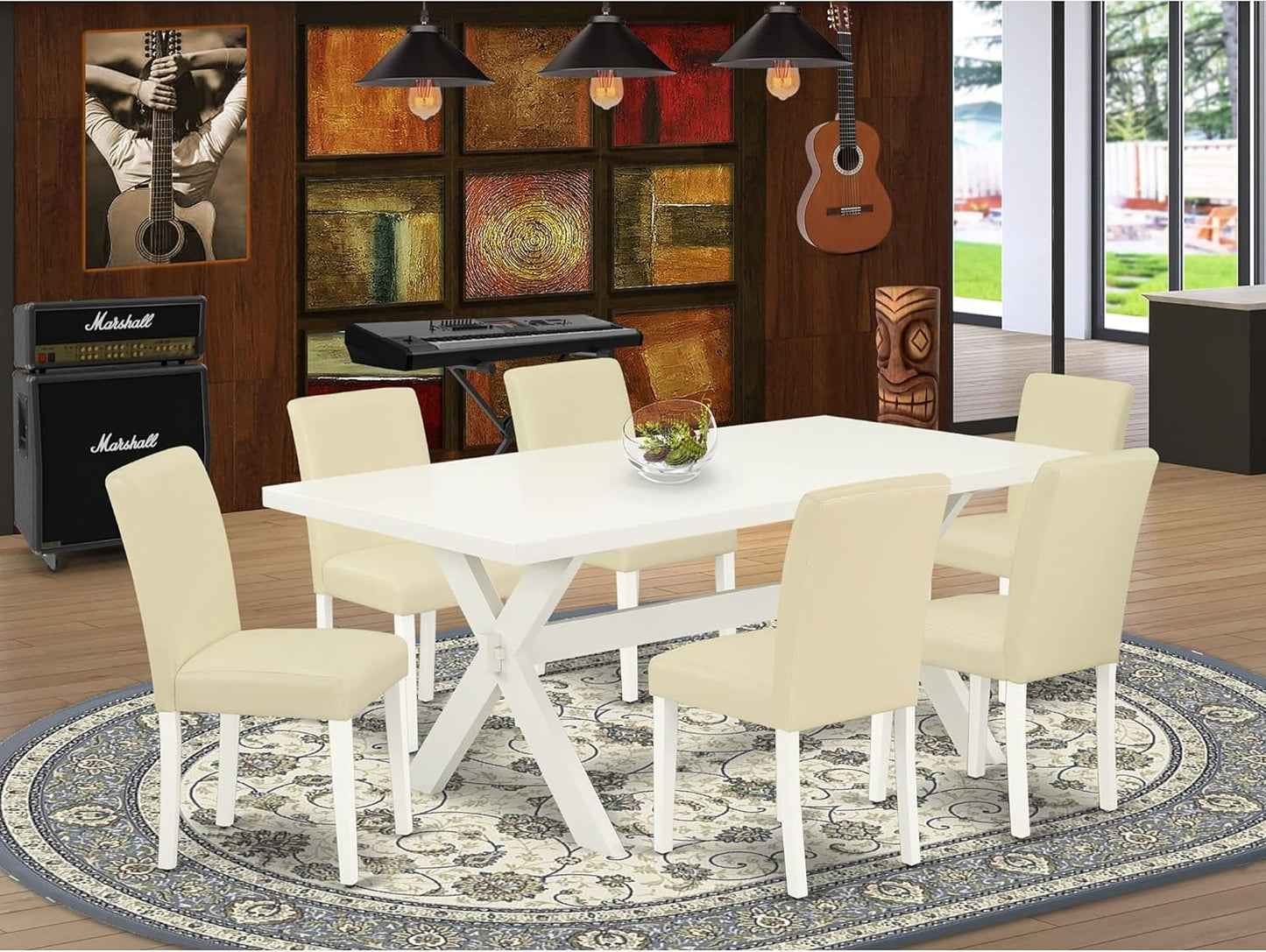 East West Furniture X027AB264-7 7 Piece Dining Set Consist of a Rectangle Dining Room Table with X-Legs and 6 White Faux Leather Upholstered Parson Chairs, 40x72 Inch, Multi-Color