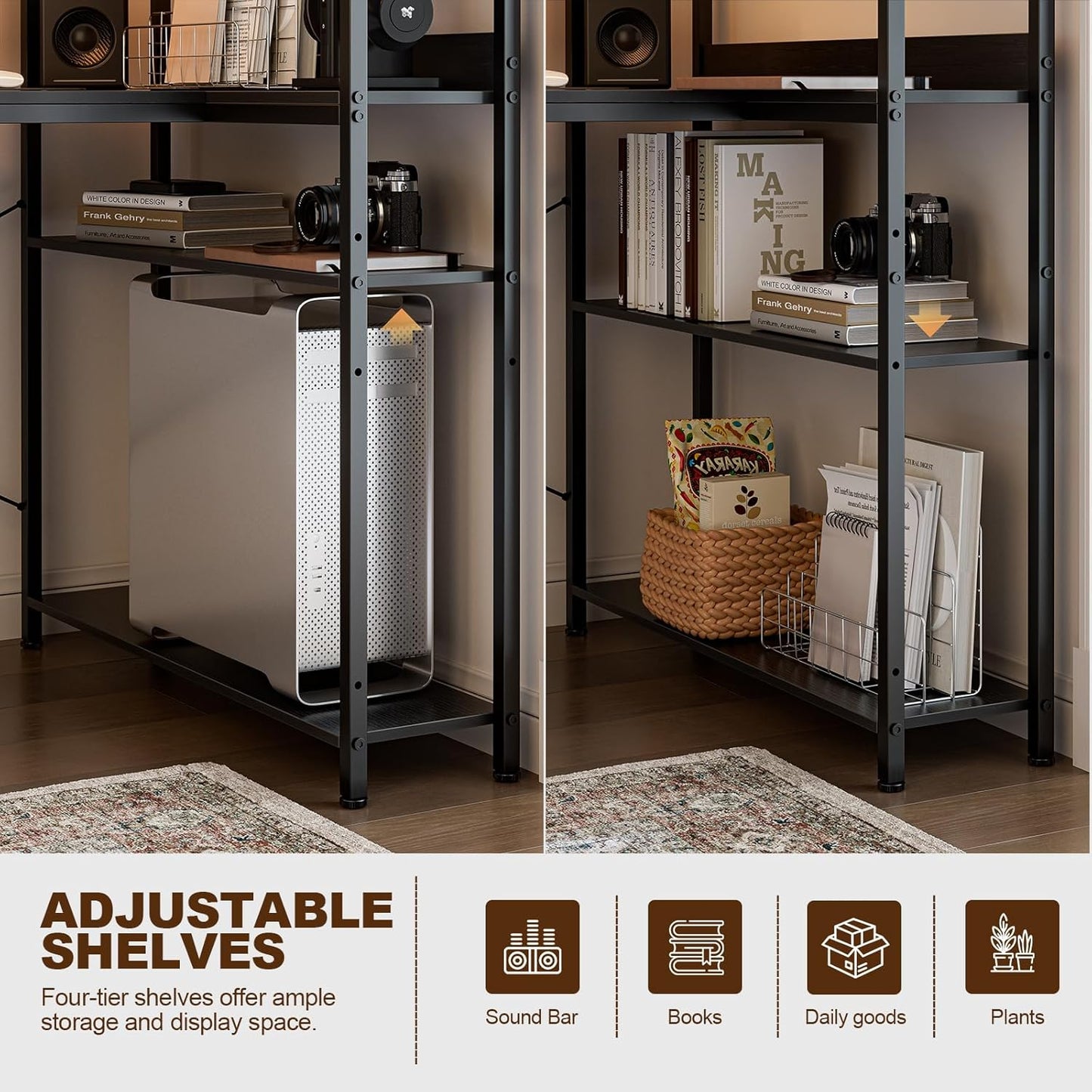 47 Inch L Shaped Computer Desk with Reversible Storage Shelves, Home Office Corner Desk Study Writing Table with Hutch, Study, Black