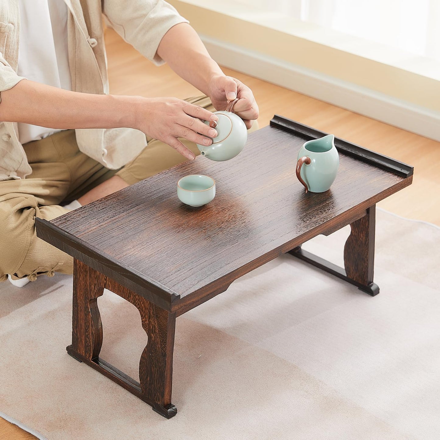 Japanese Floor Table,Small Coffee Table & Tea Table, Altar Table for Meditation,Low Table for Sitting on The Floor,Wood Bed Table Trays with Foldable Legs,Bed Laptop Desk
