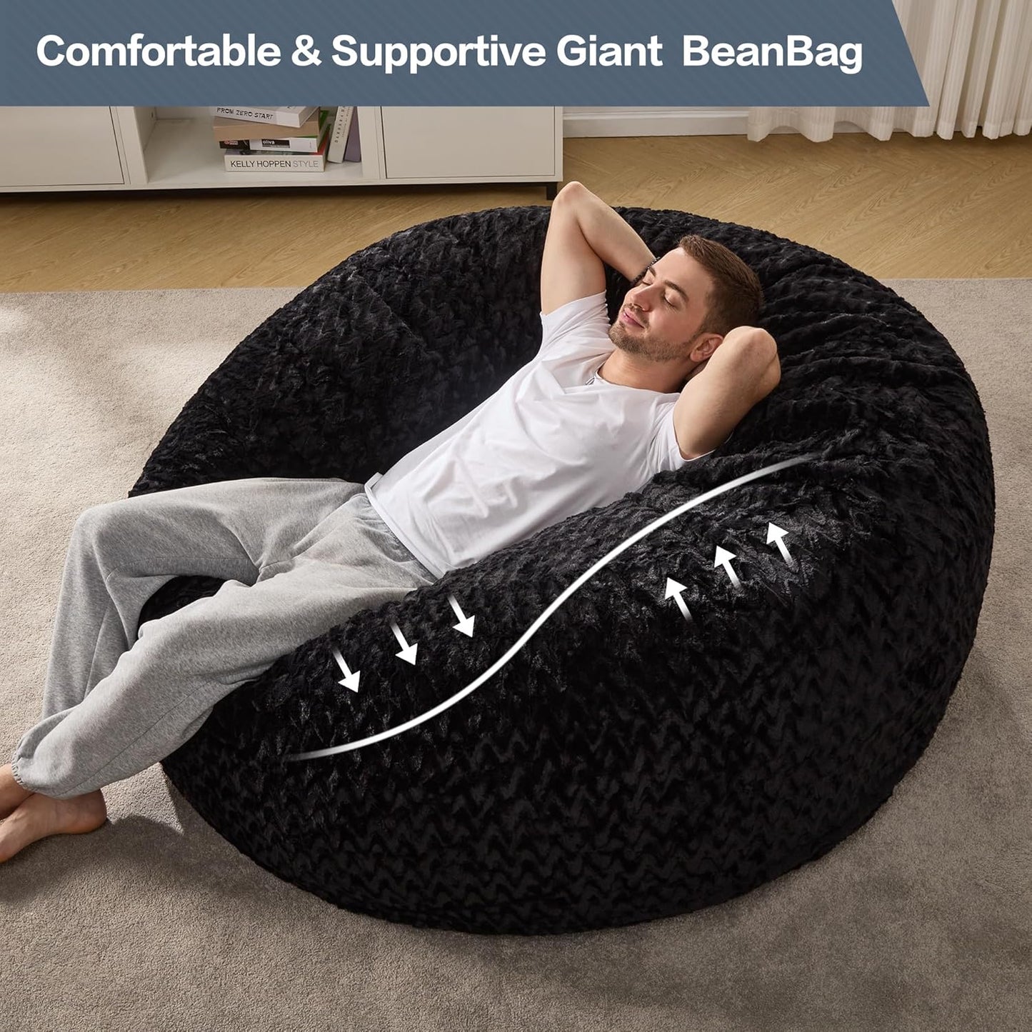 Hobestluk 5ft Bean Bag Chairs for Adults Large Beanbag Chair with Chevron Plush Fur Cover Big Bean Bag Chair for Living Room Bedroom Dorm Office - Black (50” x 50” x 24”)