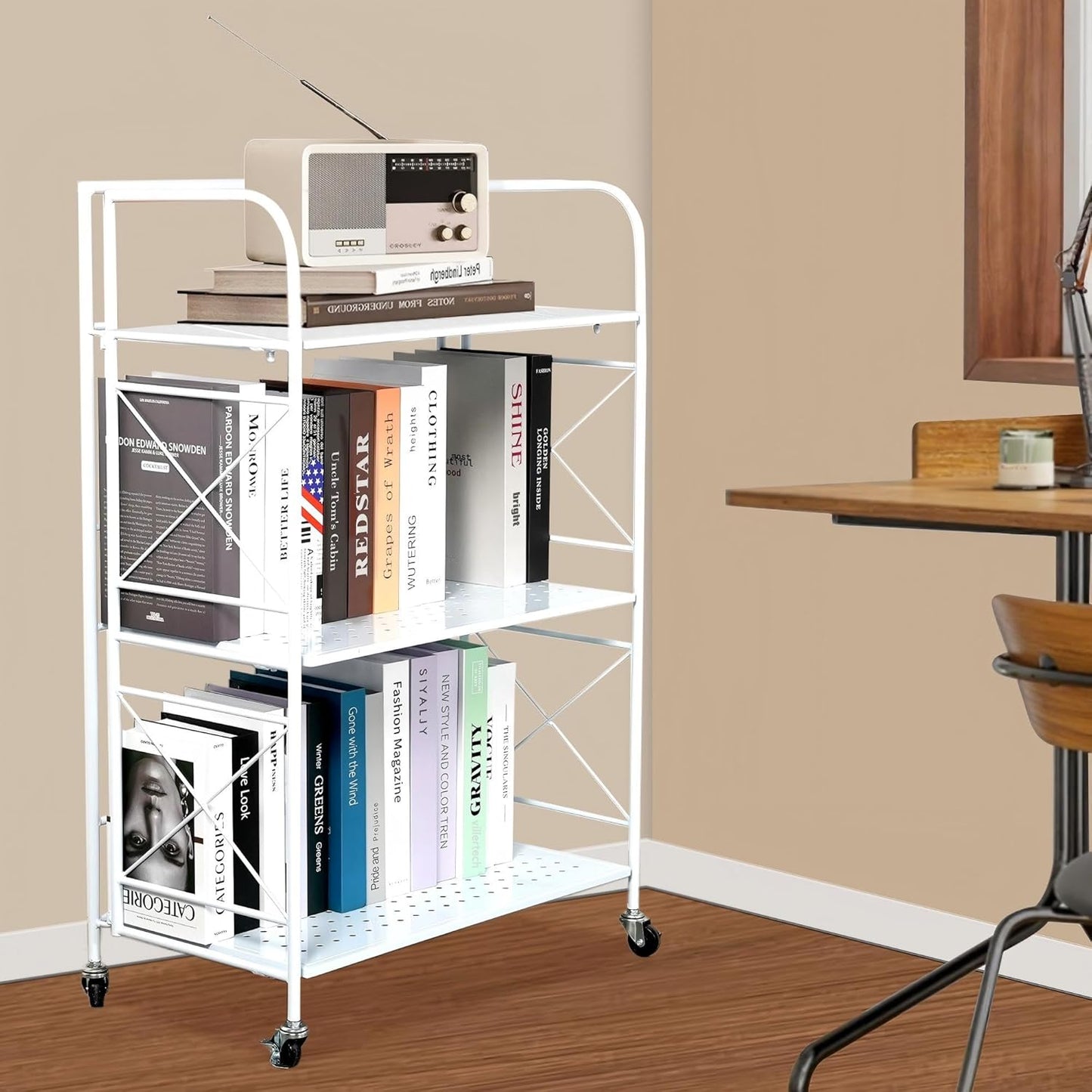 Foldable 3-Tier Metal Shelf with Wheels - Folding Bookshelf Unit for Living Room, Kitchen, Study 12.6" D x 23.6" W x 33.8" H, Glossy White