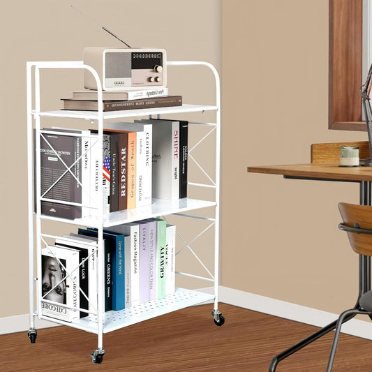 Foldable 3-Tier Metal Shelf with Wheels - Folding Bookshelf Unit for Living Room, Kitchen, Study 12.6" D x 23.6" W x 33.8" H, Glossy White