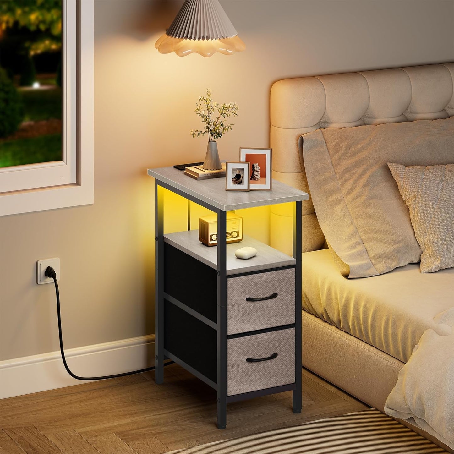 Vagusicc Nightstand with Charging Station and LED Lights, Narrow Side Table, LED Night Stand with 2 Fabric Drawers, Bedside Table with USB Ports and Outlets, Tall Nightstand for Bedroom, Rustic Grey