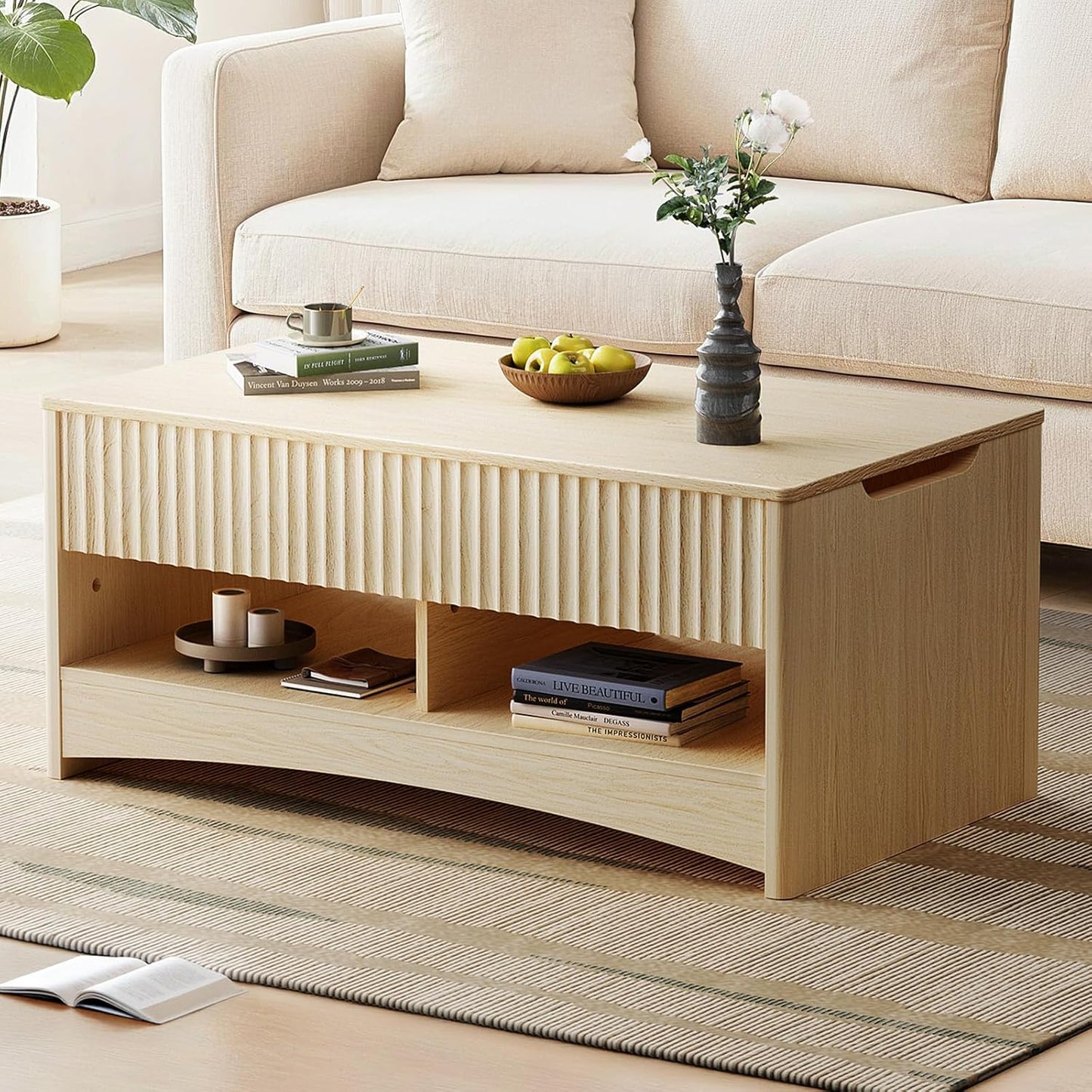 Marsail Lift Top Coffee Table with Open & Hidden Storage, Modern Fluted Coffee Table with Smooth Lift Mechanism, Sturdy Space-Saving Center Table for Home Living Room, Office, Natural Oak