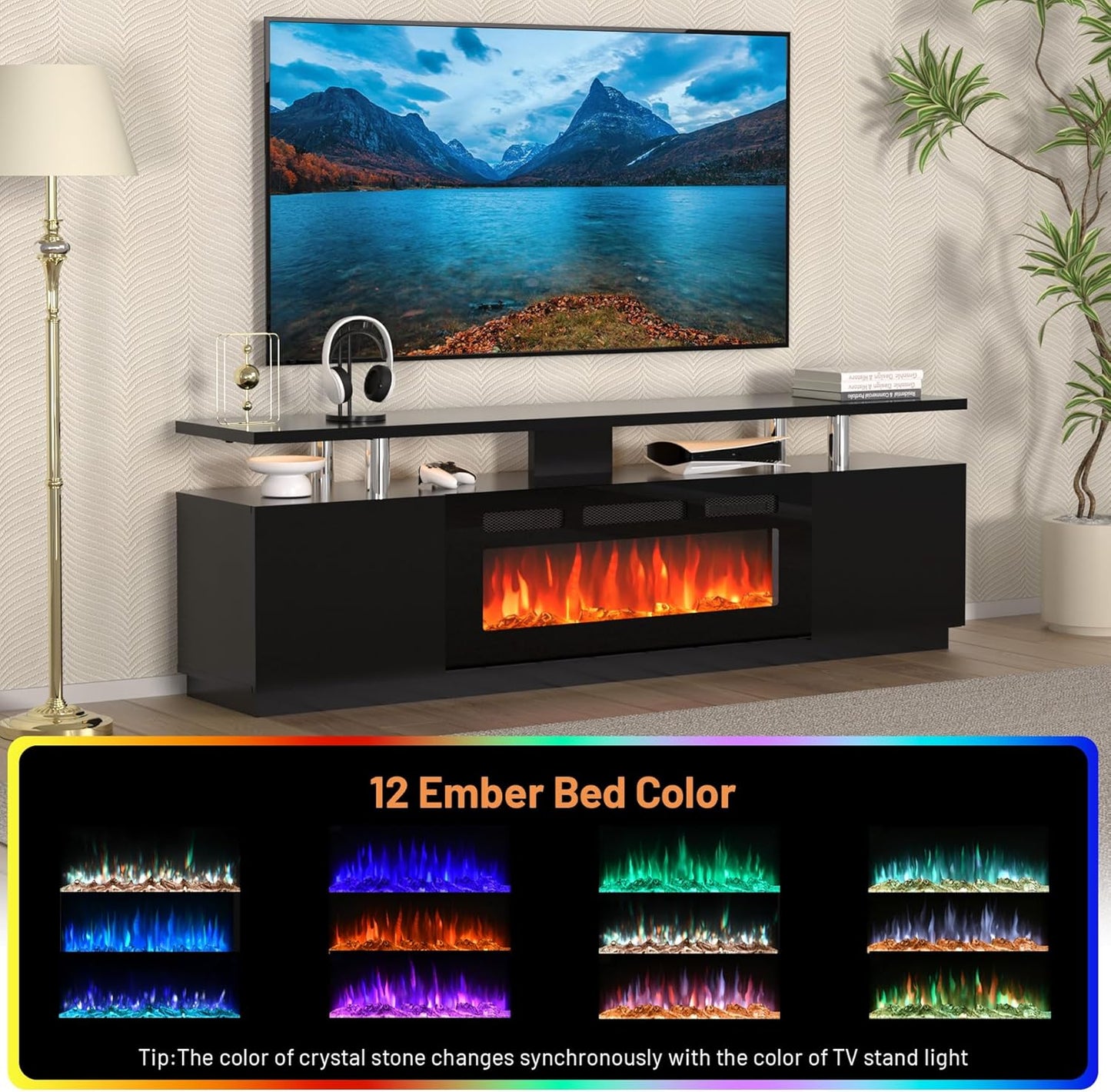 70'' Fireplace TV Stand, Entertainment Center with 36'' Firplace, 2 Tier TV Console Cabinet with Storage Cabinet, Electric Fireplace Heater with LED Light and 12 Flame Colors, Black