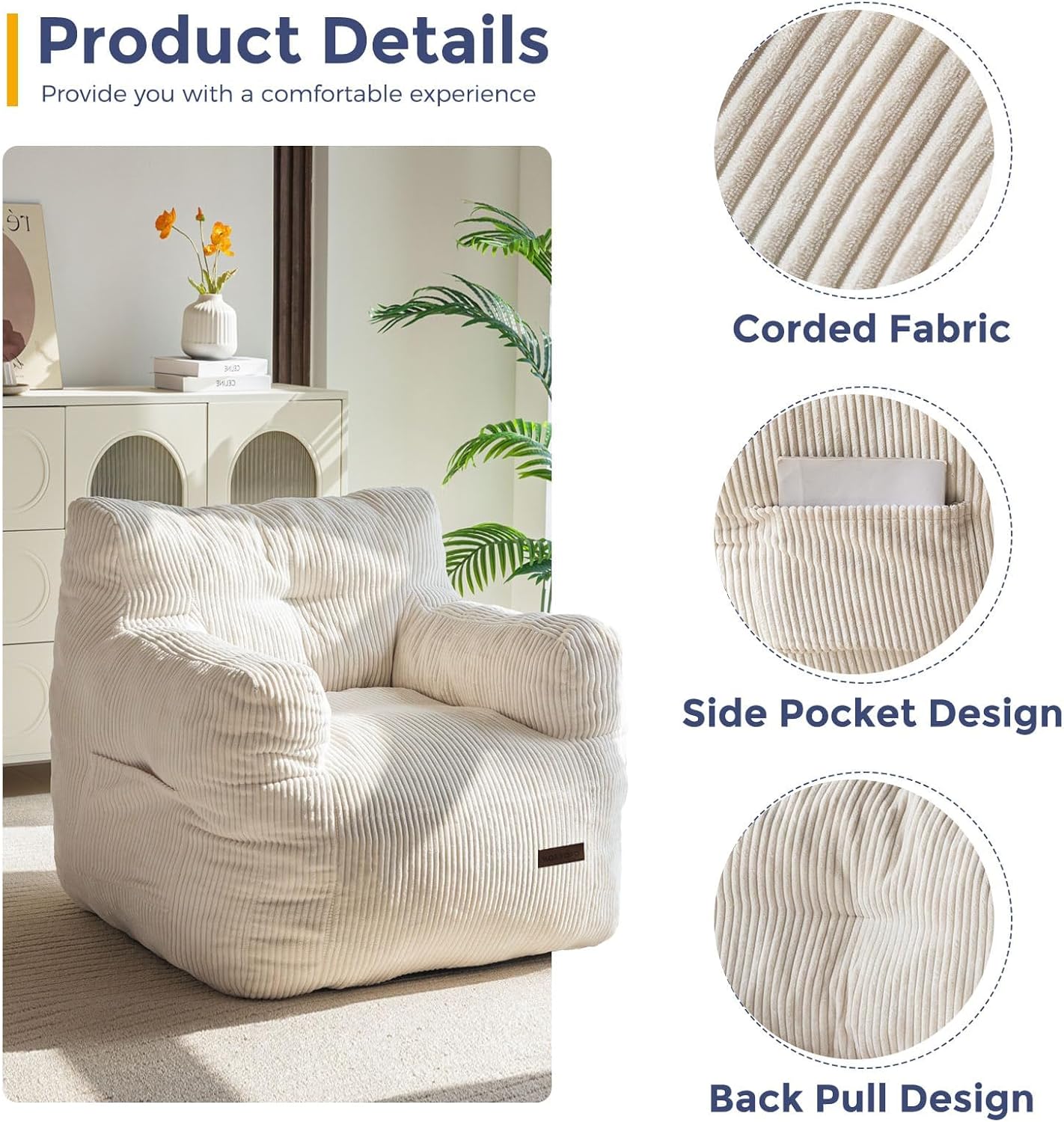 MAXYOYO Bean Bag Chair, Tufted Bean Bag Couch Lazy Chair, Living Room Sofa Couch with Filler for Adult Teens Kids, Corded Fabric Accent Sofa for Bedroom Dorm, Beige