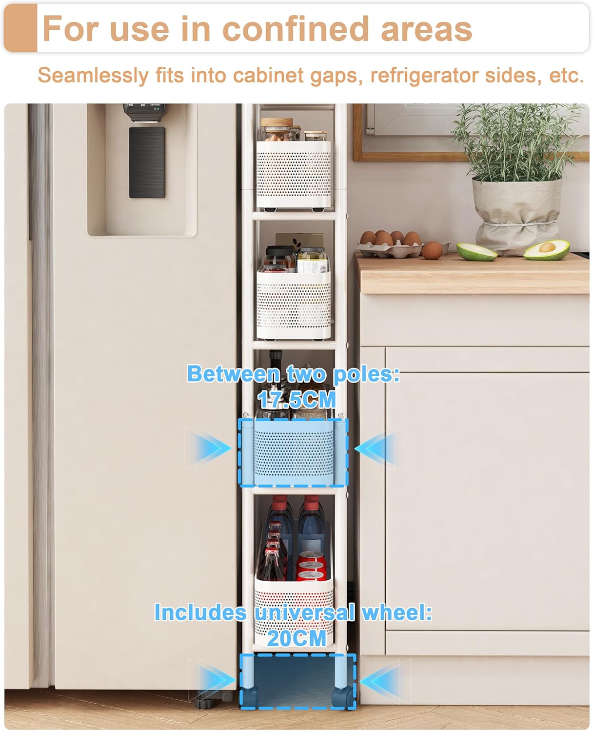 UMDONX Slim Storage Cart 5 Tier with Pull Out Basket Bathroom Organizer Rolling cart, Rolling Utility Cart Slide Out Organizer for Kitchen, Bathroom, Laundry White