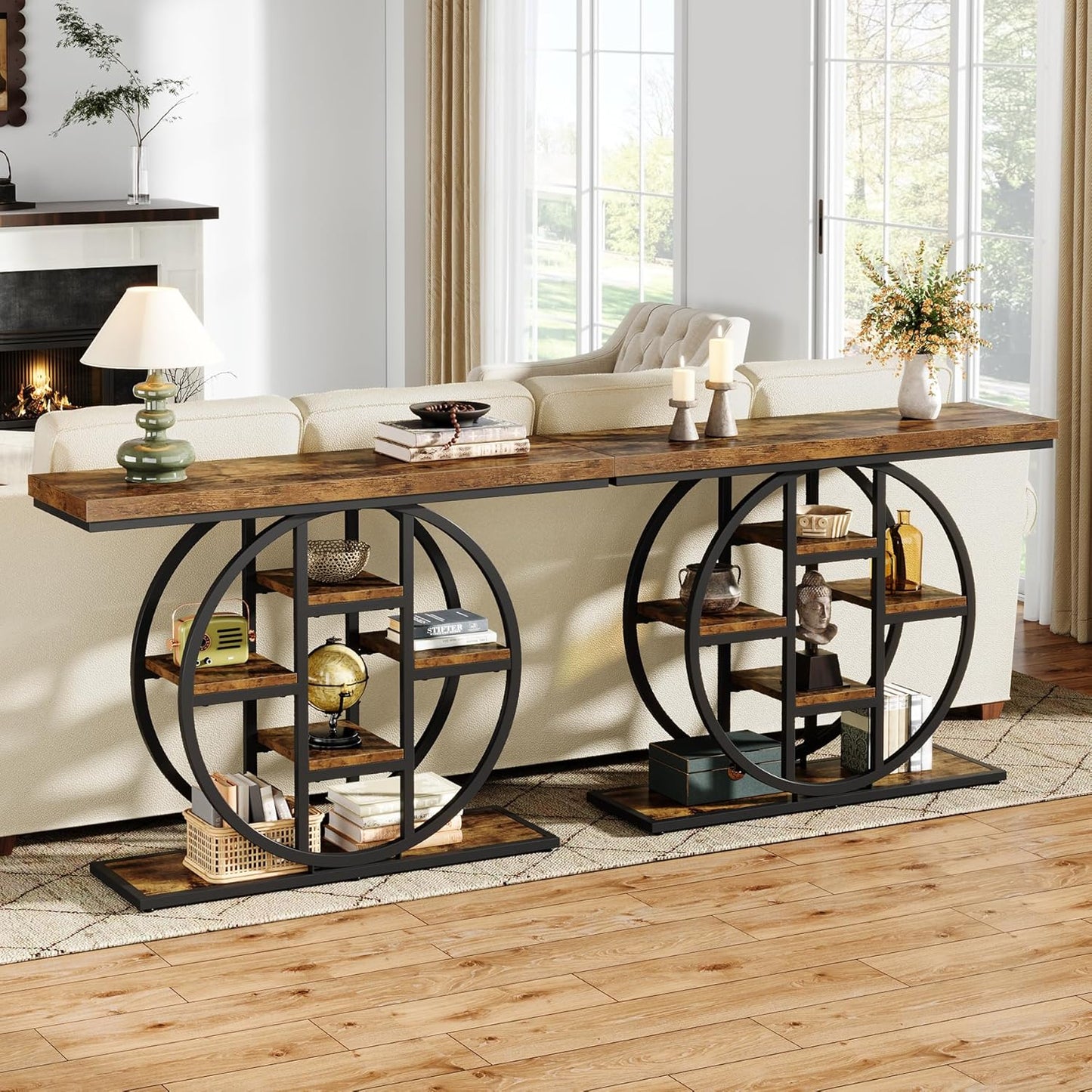 41" Console Table for Entryway, 4-Tier Industrial Narrow Wood Sofa Accent Tables with Circle Storage Shelves for Living Room, Hallway, Foyer (Rustic Brown)