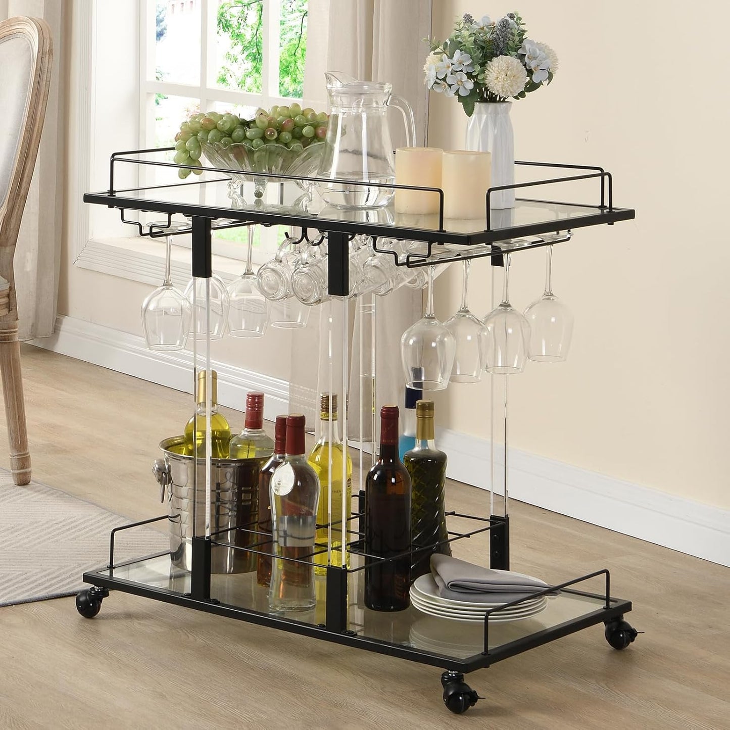 Bar Cart for Home Bar Chrome Serving Cart with Wine Rack 2-Tier Acrylic Rolling Bar Carts on Wheels Clear Dessert Cart Lucite Bar Stand Glass Liquor Cart for Living Room Kitchen Club Black
