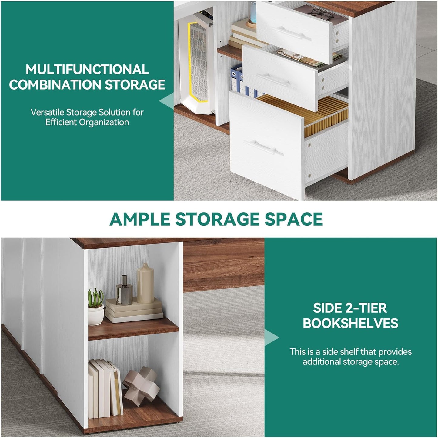 YITAHOME Executive Desk with Power Outlets, 71" L Shaped Desk with File Cabinet, Executive Desk with Drawers & Storage Shelves, Corner Office Desk with Bookshelf for Home Office, Walnut & White