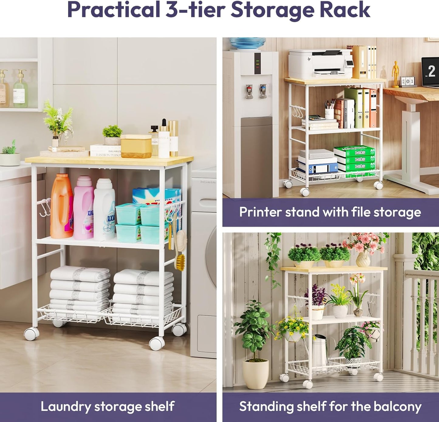 SWTYMIKI Rolling Kitchen Microwave Cart - 3 Tier Microwave Table Stand with Storage Basket and Hooks, Kitchen Utility Cart on Wheels, Coffee Cart Shelf Rack Organizer for Living Room Office, Balcony